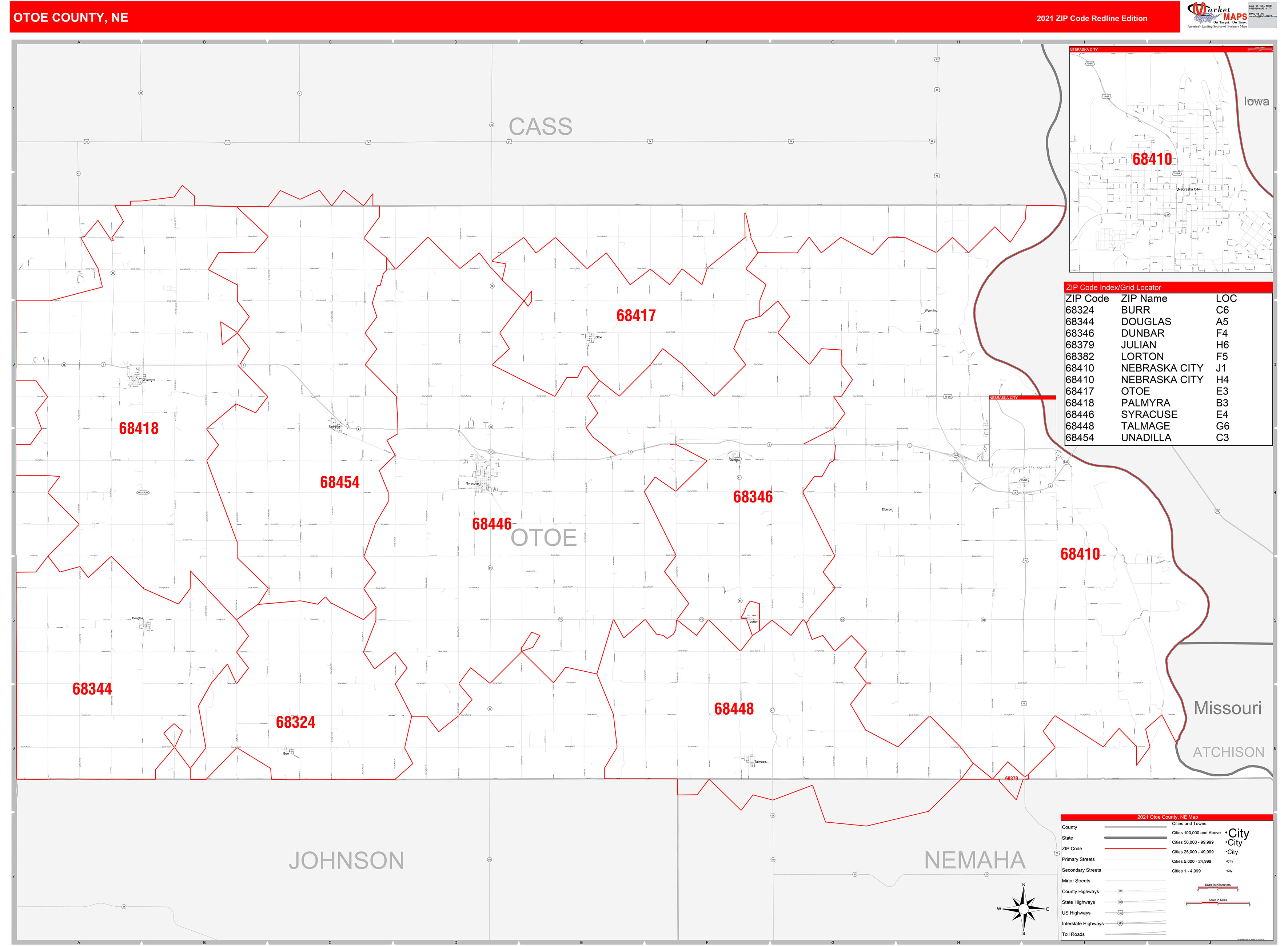 Otoe County, NE Zip Code Wall Map Red Line Style by MarketMAPS MapSales