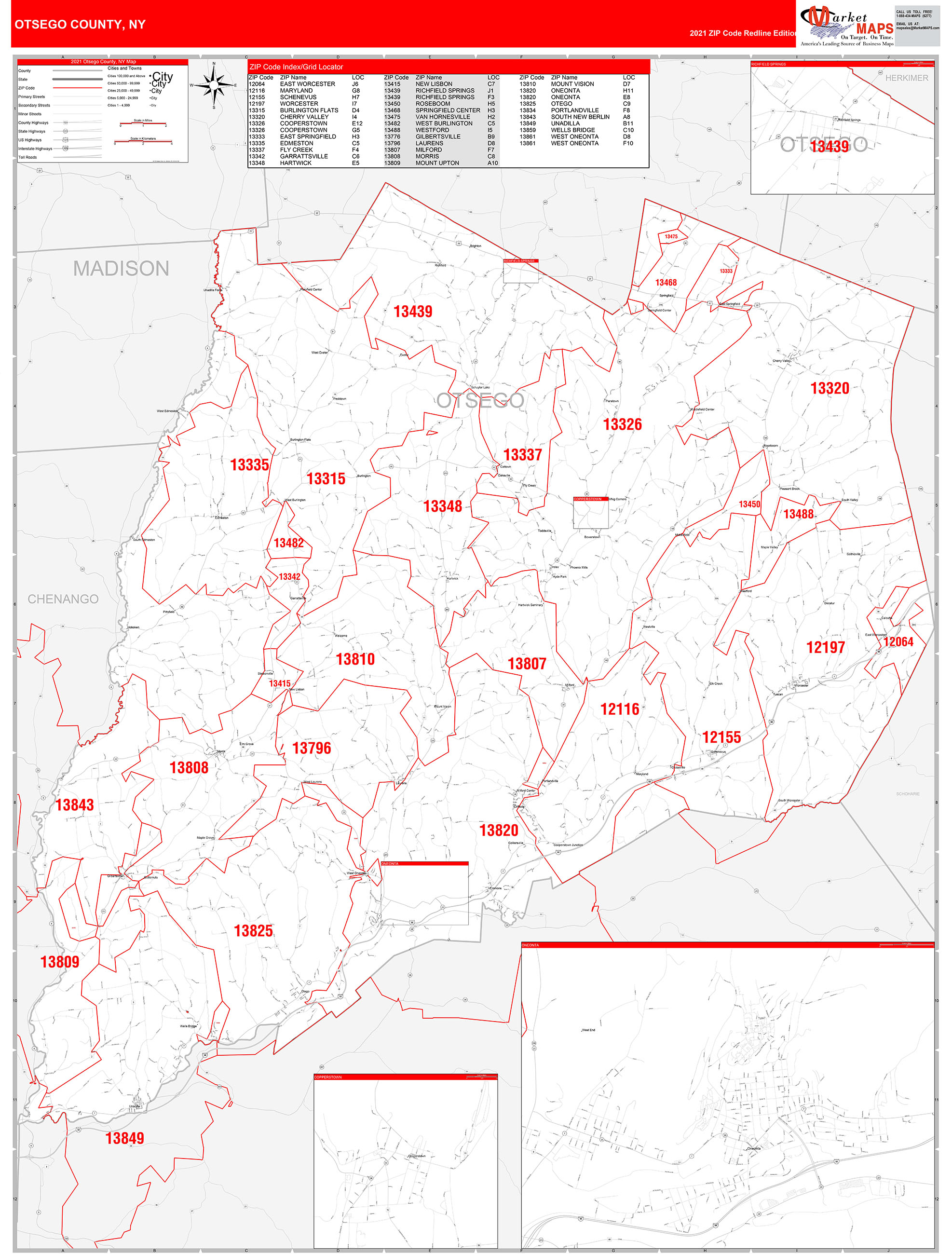 Otsego County, NY Zip Code Wall Map Red Line Style by MarketMAPS MapSales