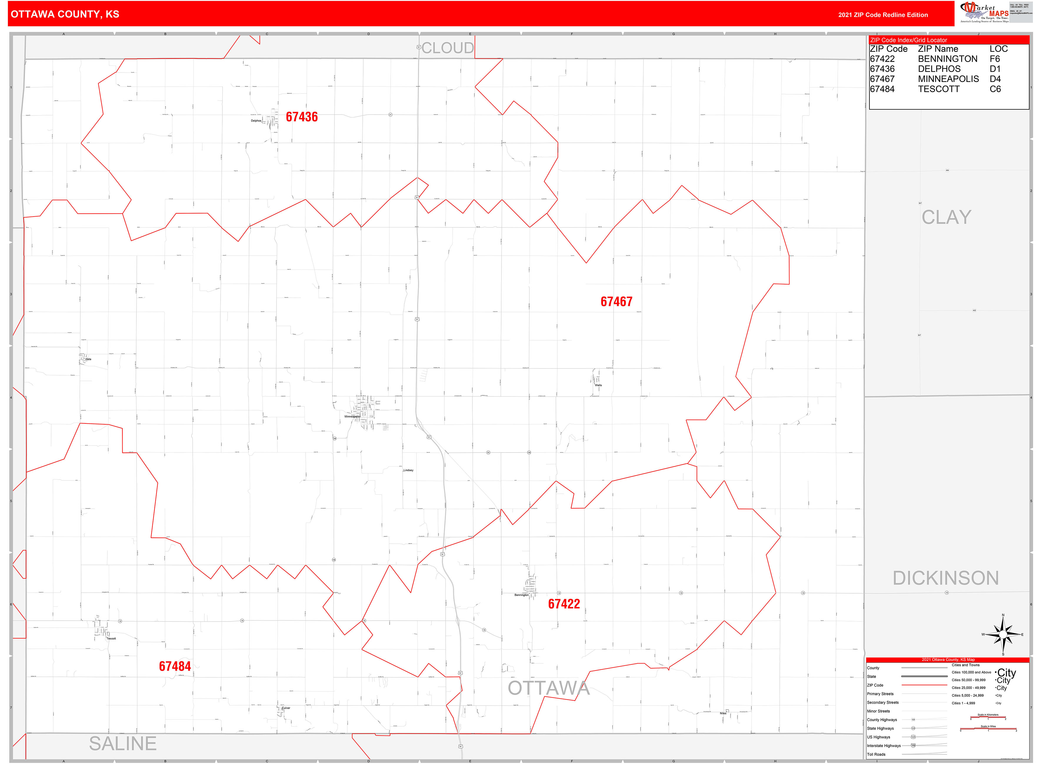 Ottawa County, KS Zip Code Wall Map Red Line Style by MarketMAPS