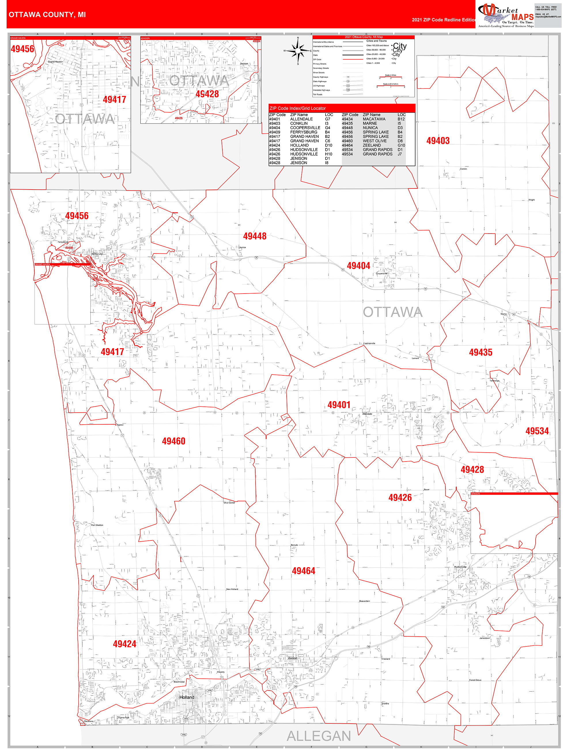 Ottawa County, MI Zip Code Wall Map Red Line Style by MarketMAPS MapSales