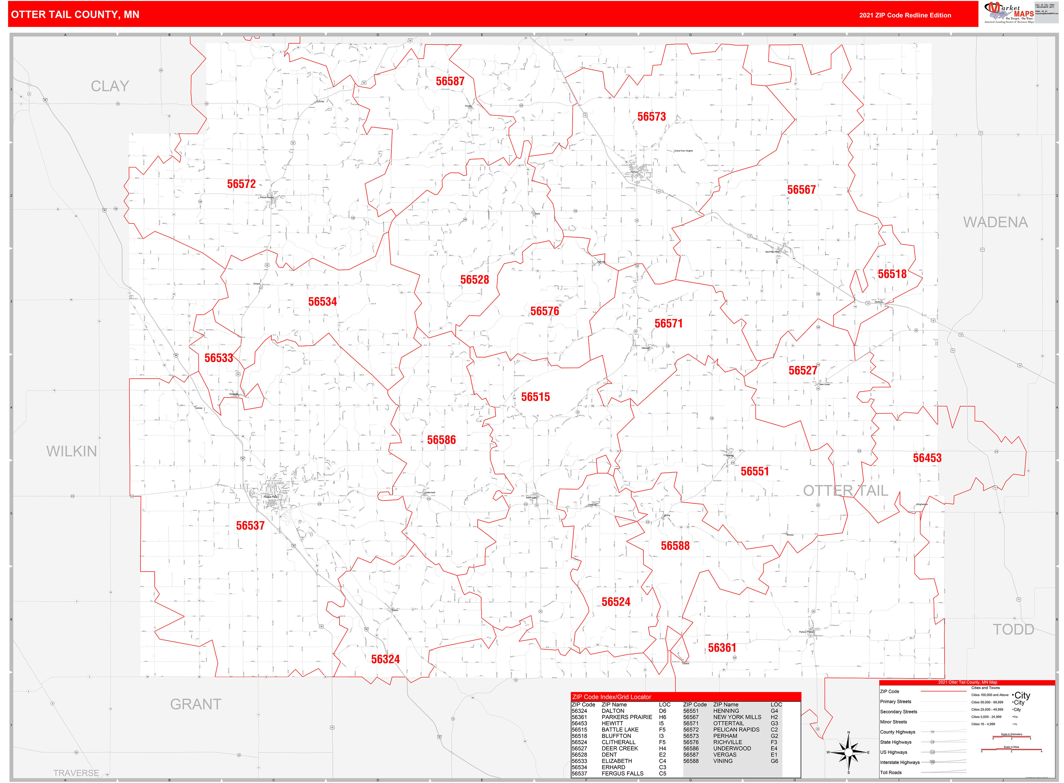 Otter Tail County, MN Zip Code Wall Map Red Line Style by MarketMAPS