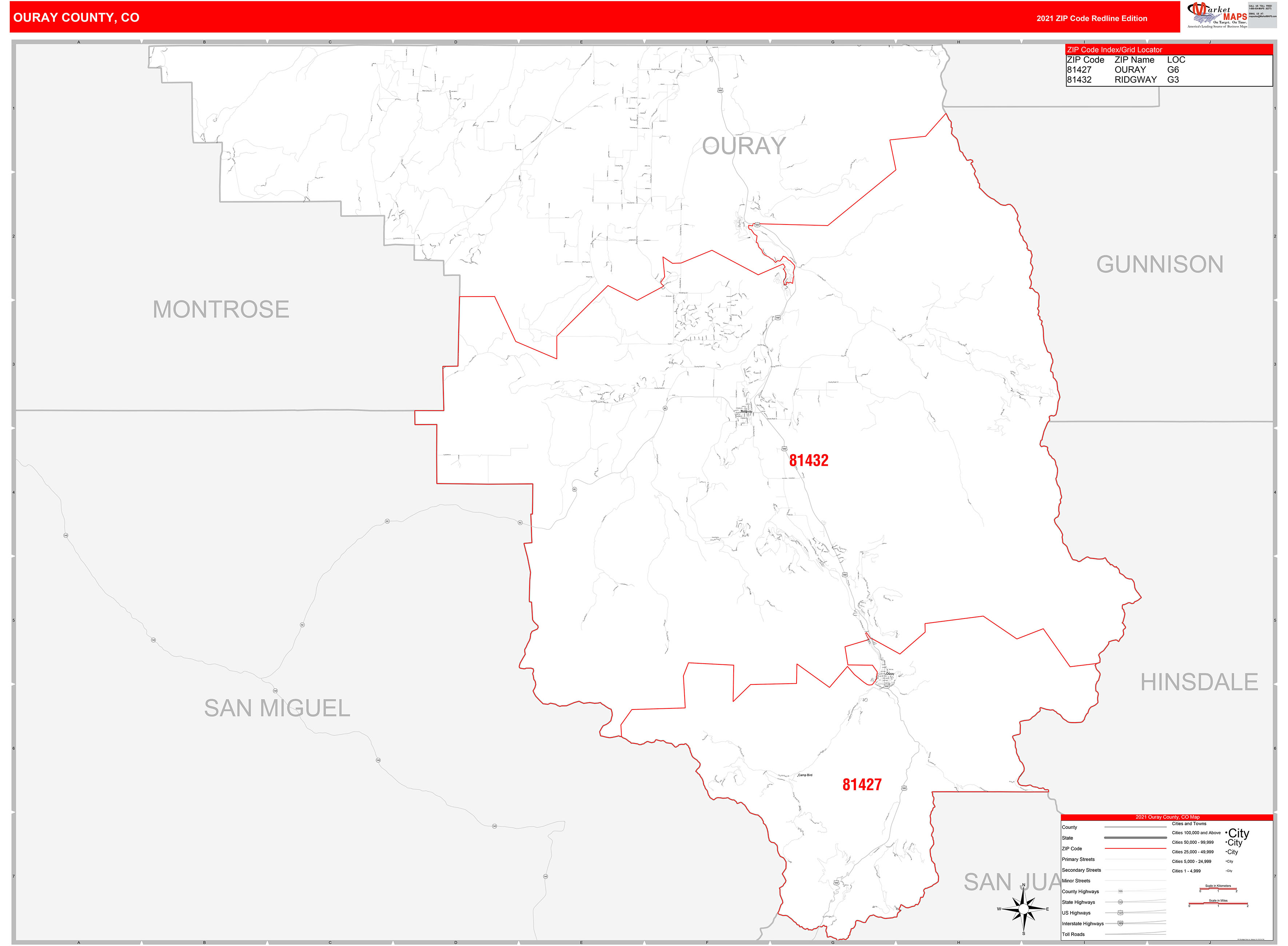 Ouray County, CO Zip Code Wall Map Red Line Style by MarketMAPS MapSales