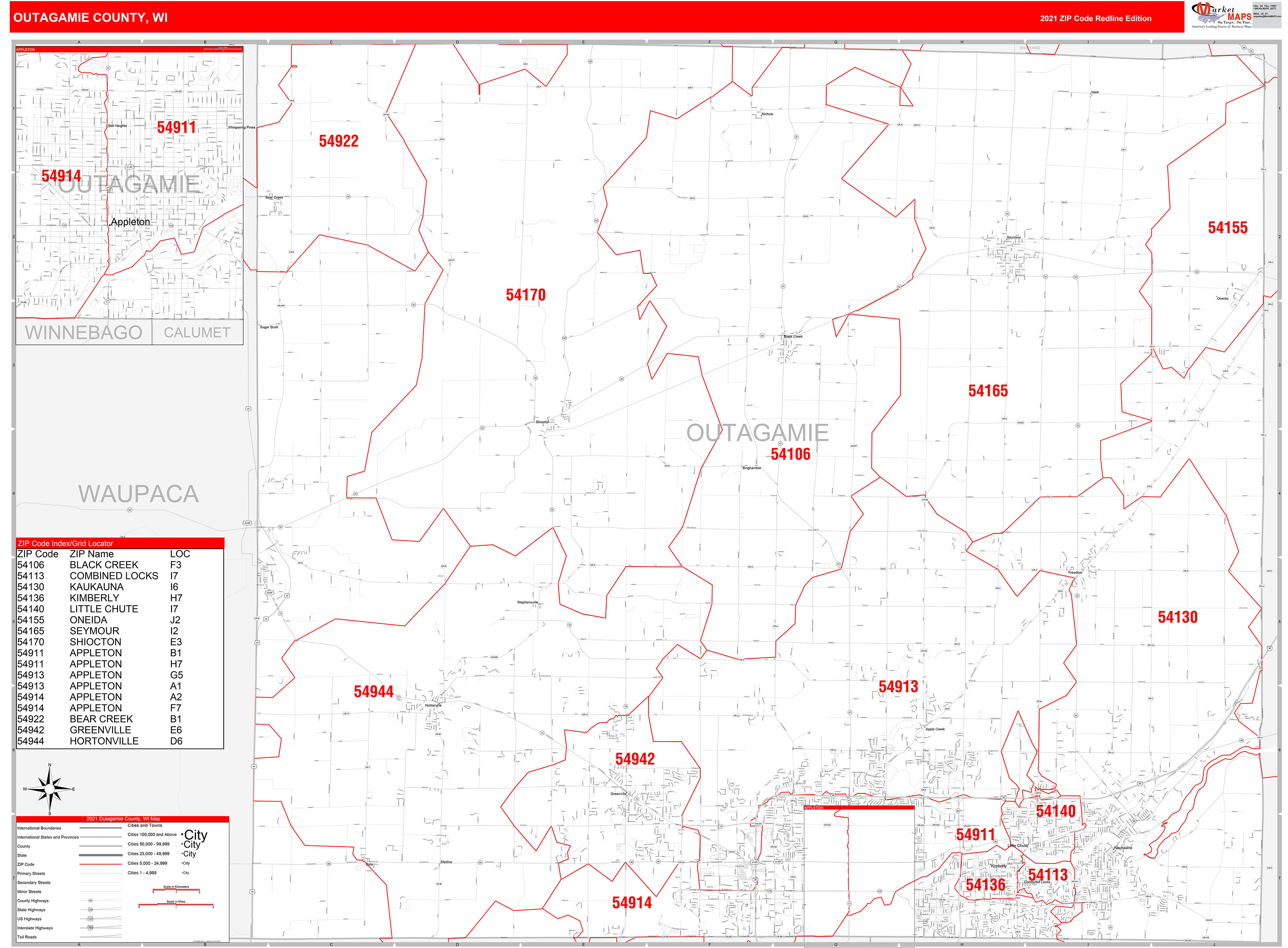 Outagamie County, WI Zip Code Wall Map Red Line Style by MarketMAPS