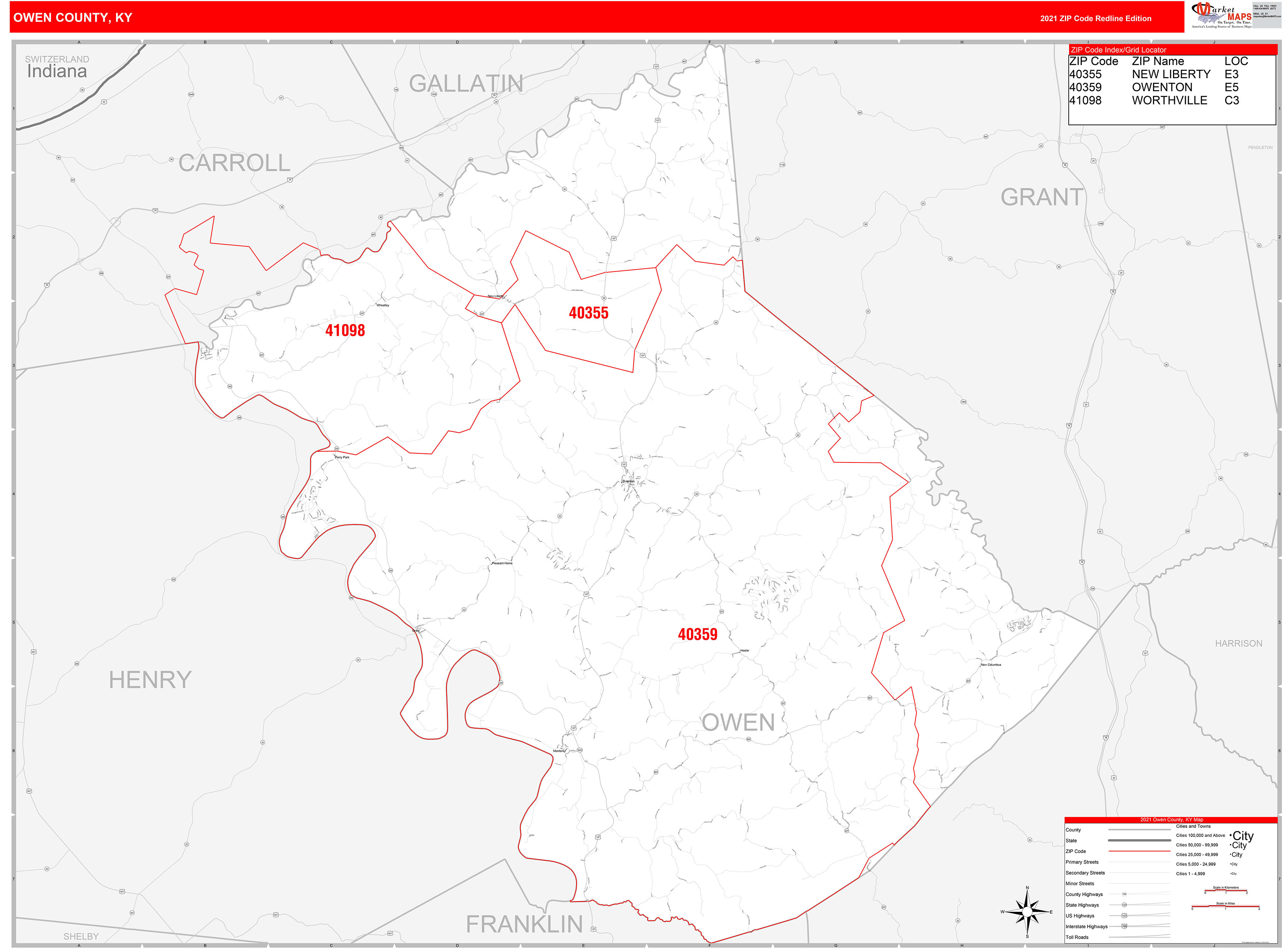 Owen County, KY Zip Code Wall Map Red Line Style by MarketMAPS