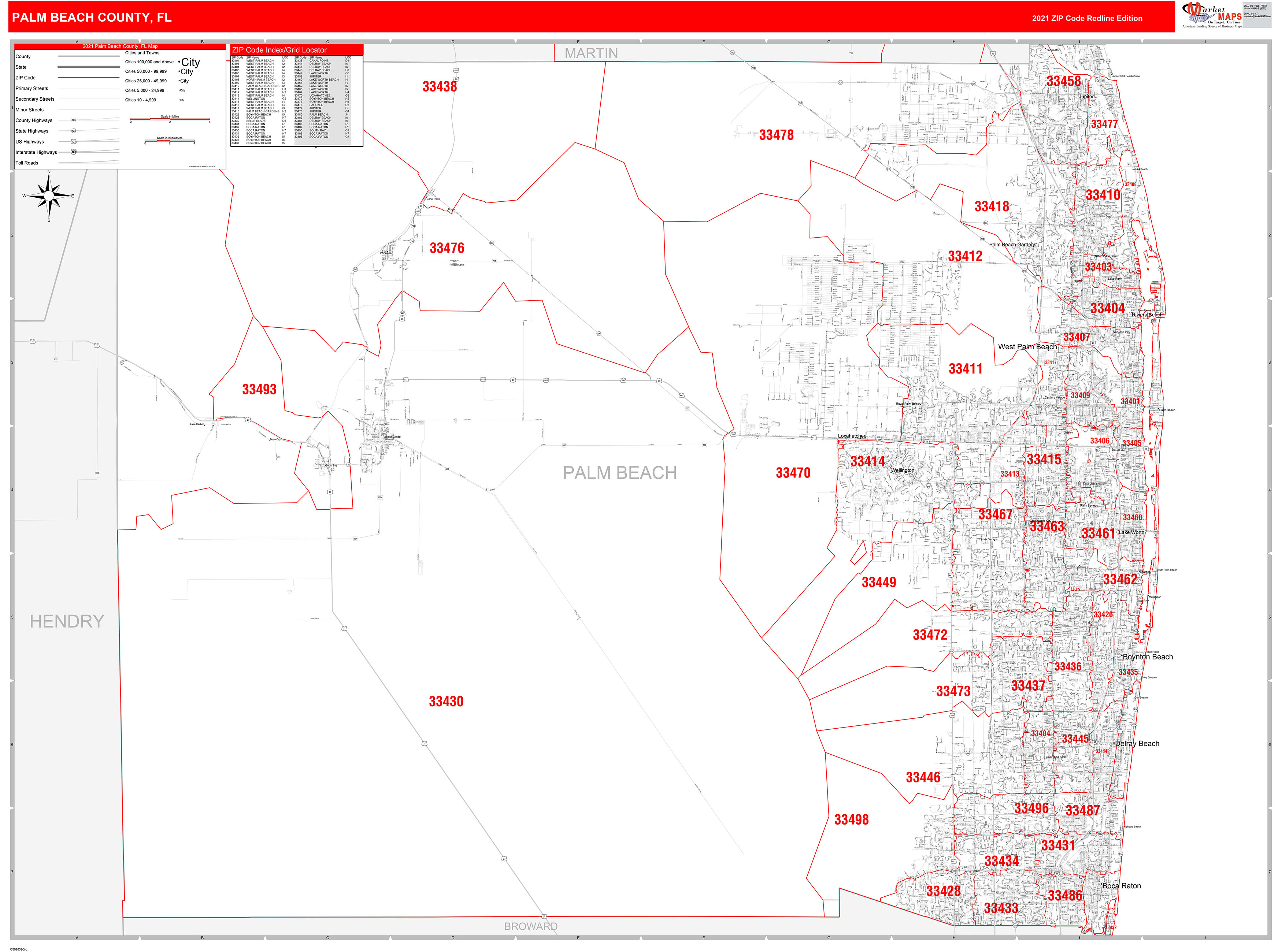 Palm Beach County, FL Zip Code Wall Map Red Line Style by MarketMAPS