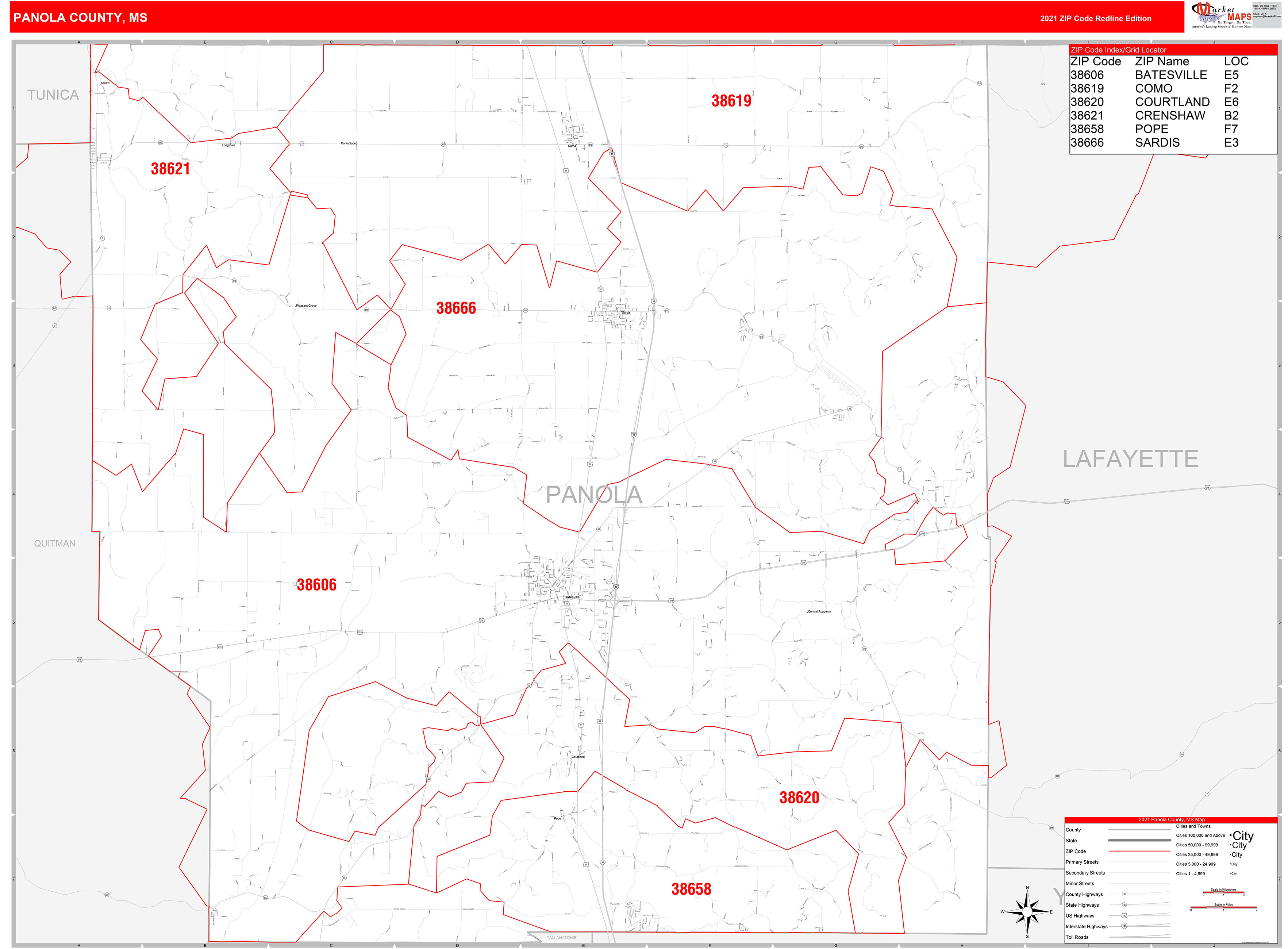 Panola County, MS Zip Code Wall Map Red Line Style by MarketMAPS MapSales