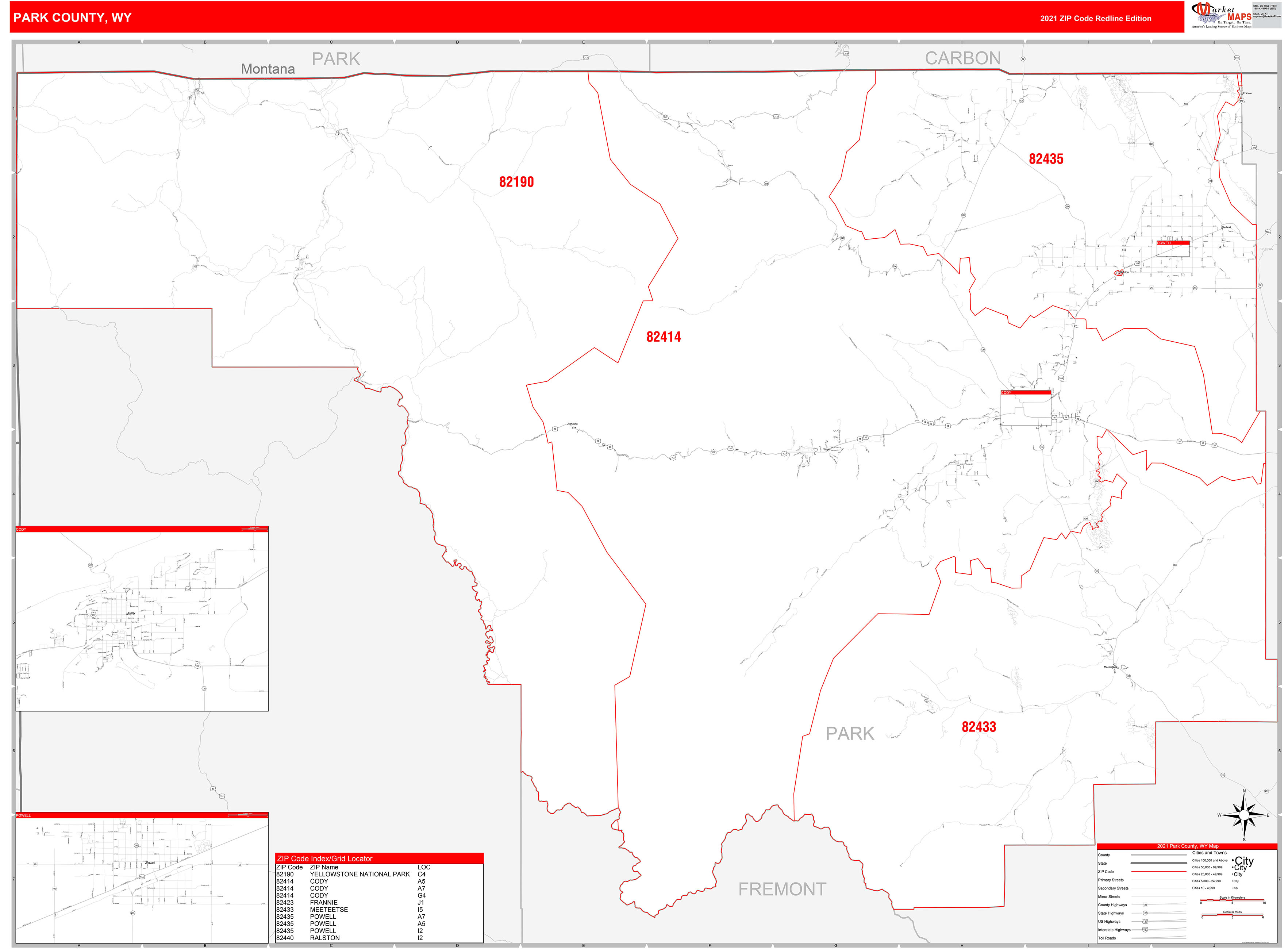 Park County, WY Zip Code Wall Map Red Line Style by MarketMAPS MapSales