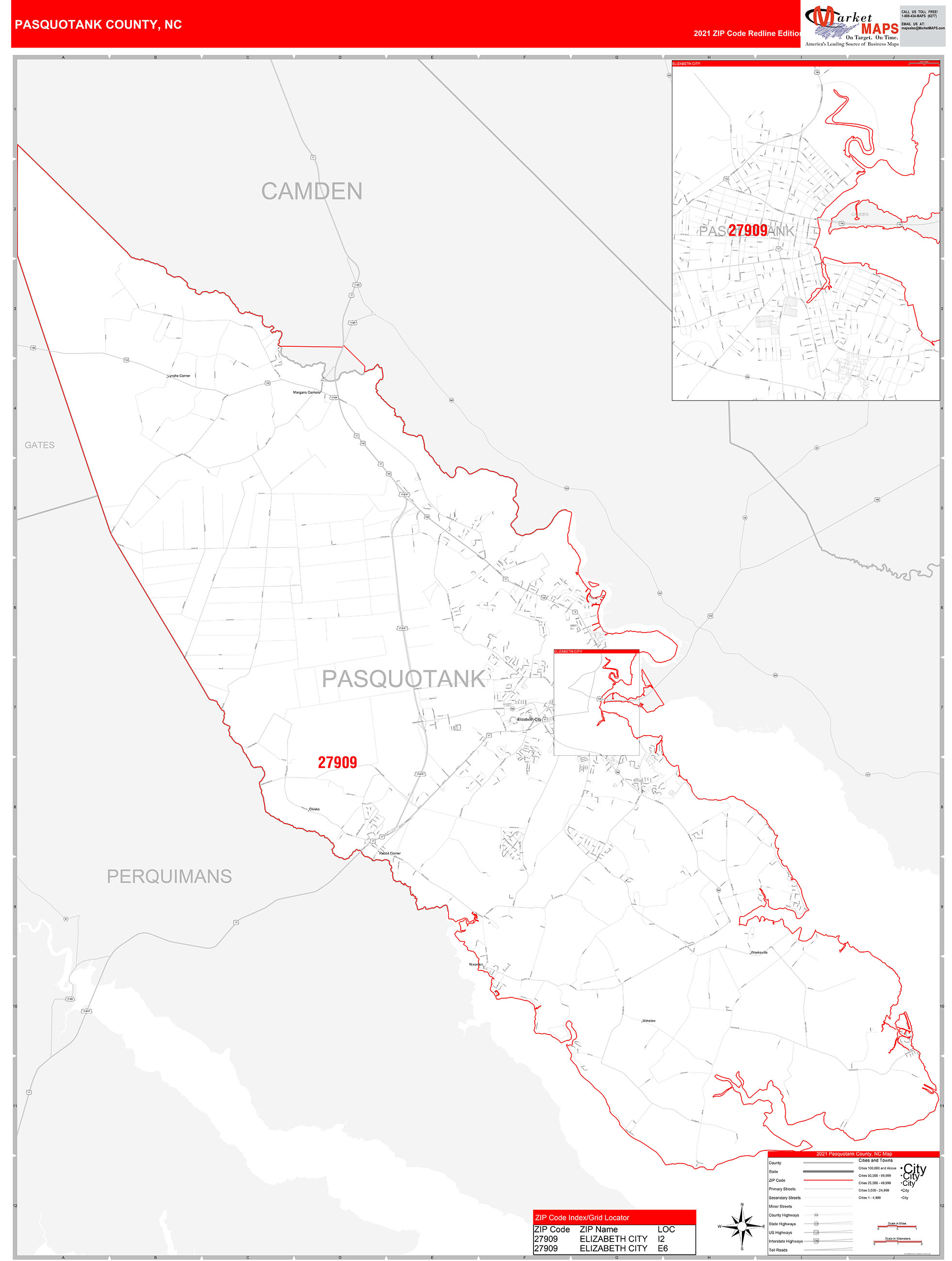 Pasquotank County, NC Zip Code Wall Map Red Line Style by MarketMAPS