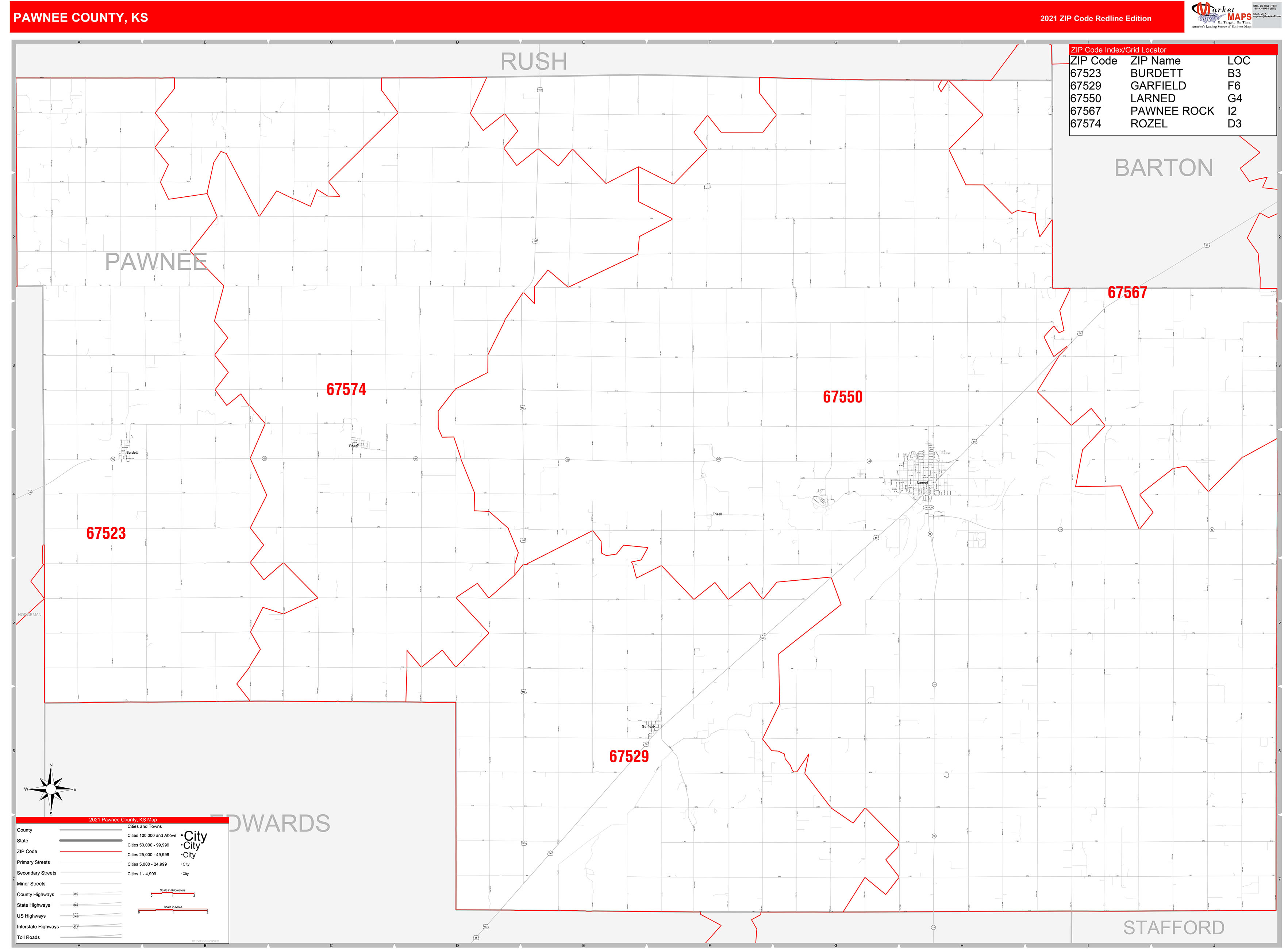 Pawnee County, KS Zip Code Wall Map Red Line Style by MarketMAPS MapSales