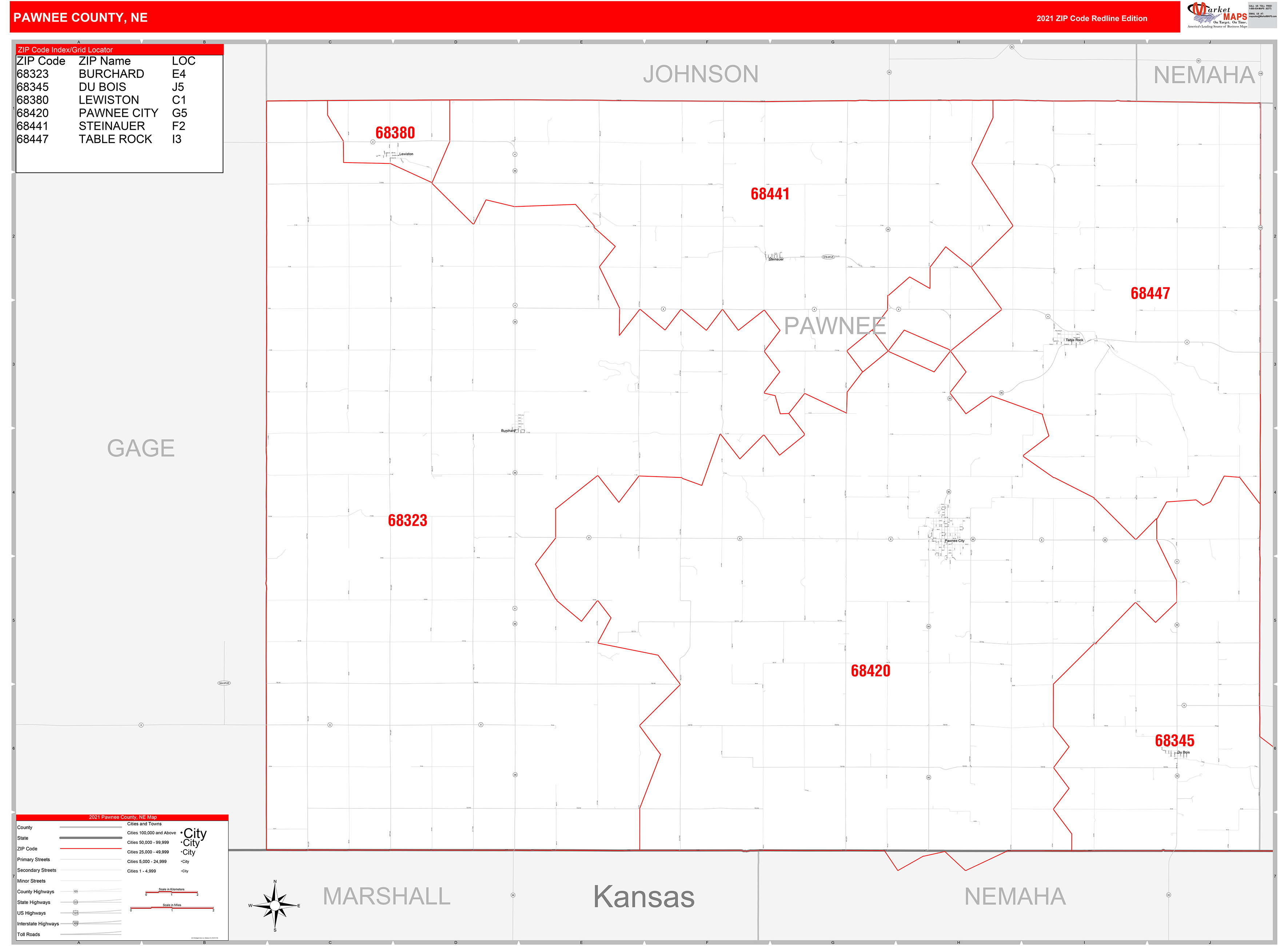 Pawnee County, NE Zip Code Wall Map Red Line Style by MarketMAPS