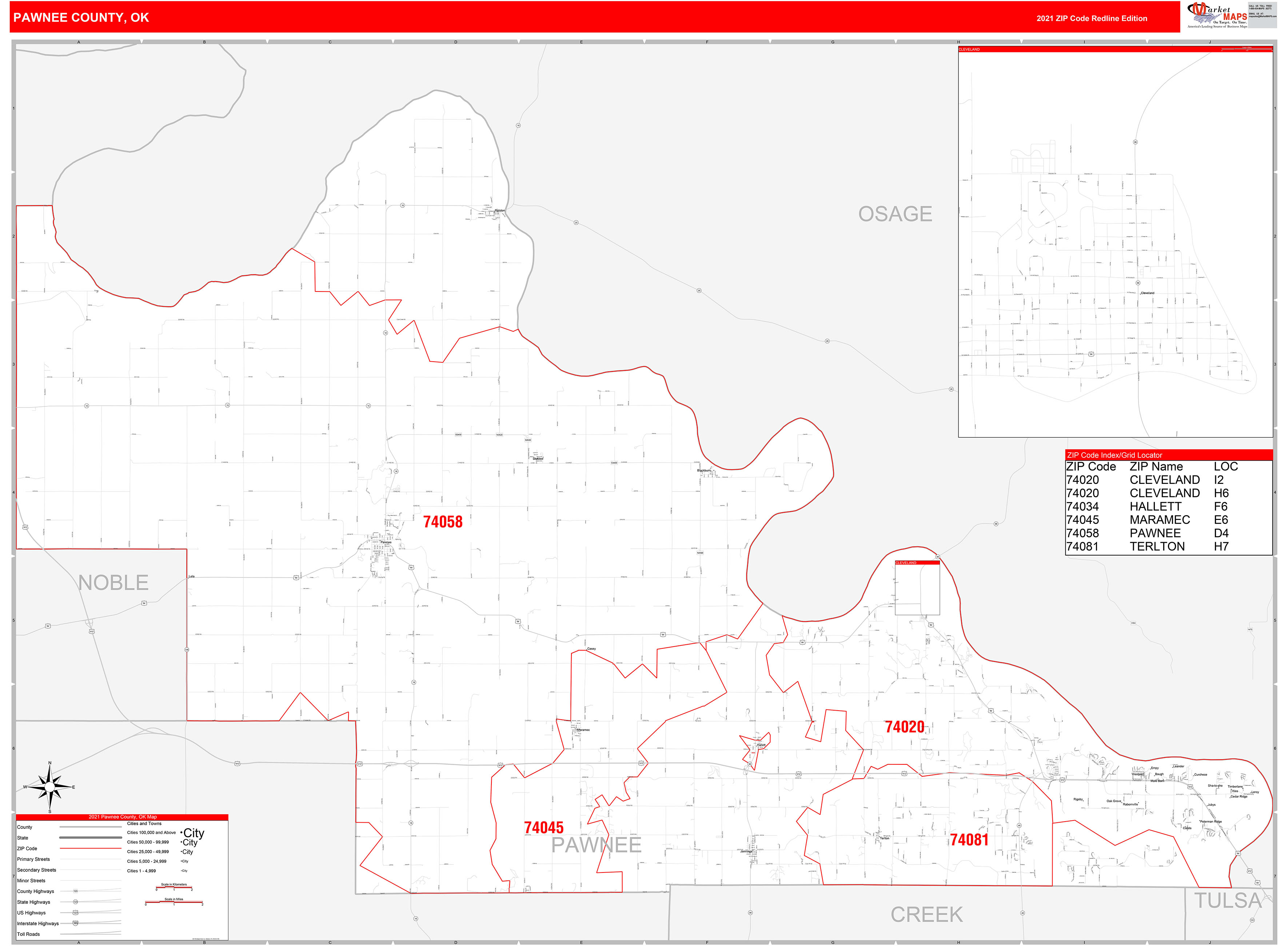 Pawnee County, OK Zip Code Wall Map Red Line Style by MarketMAPS