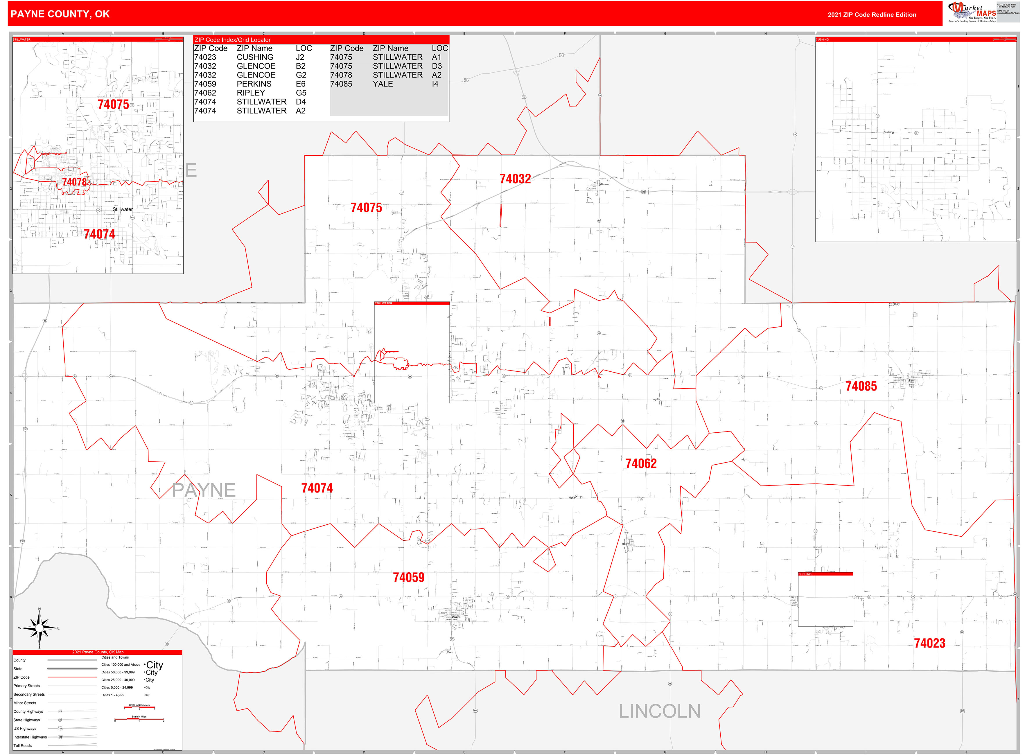 Payne County, OK Zip Code Wall Map Red Line Style by MarketMAPS