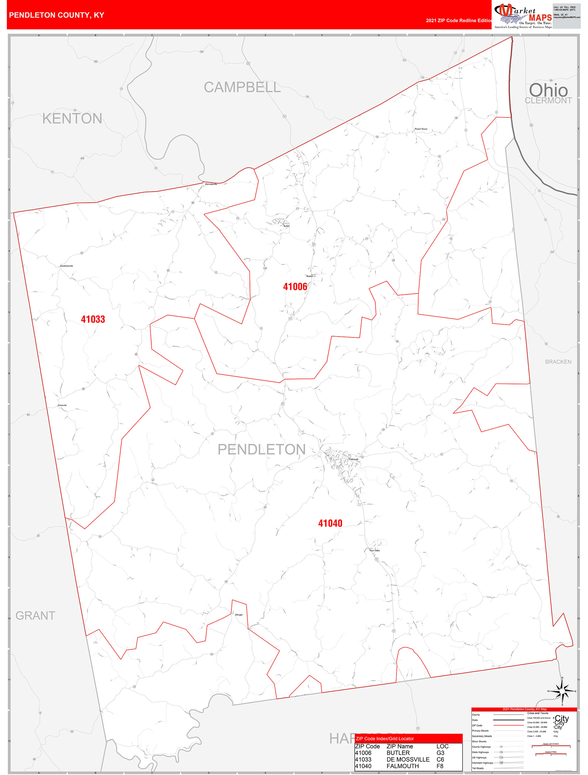 Pendleton County, KY Zip Code Wall Map Red Line Style by MarketMAPS