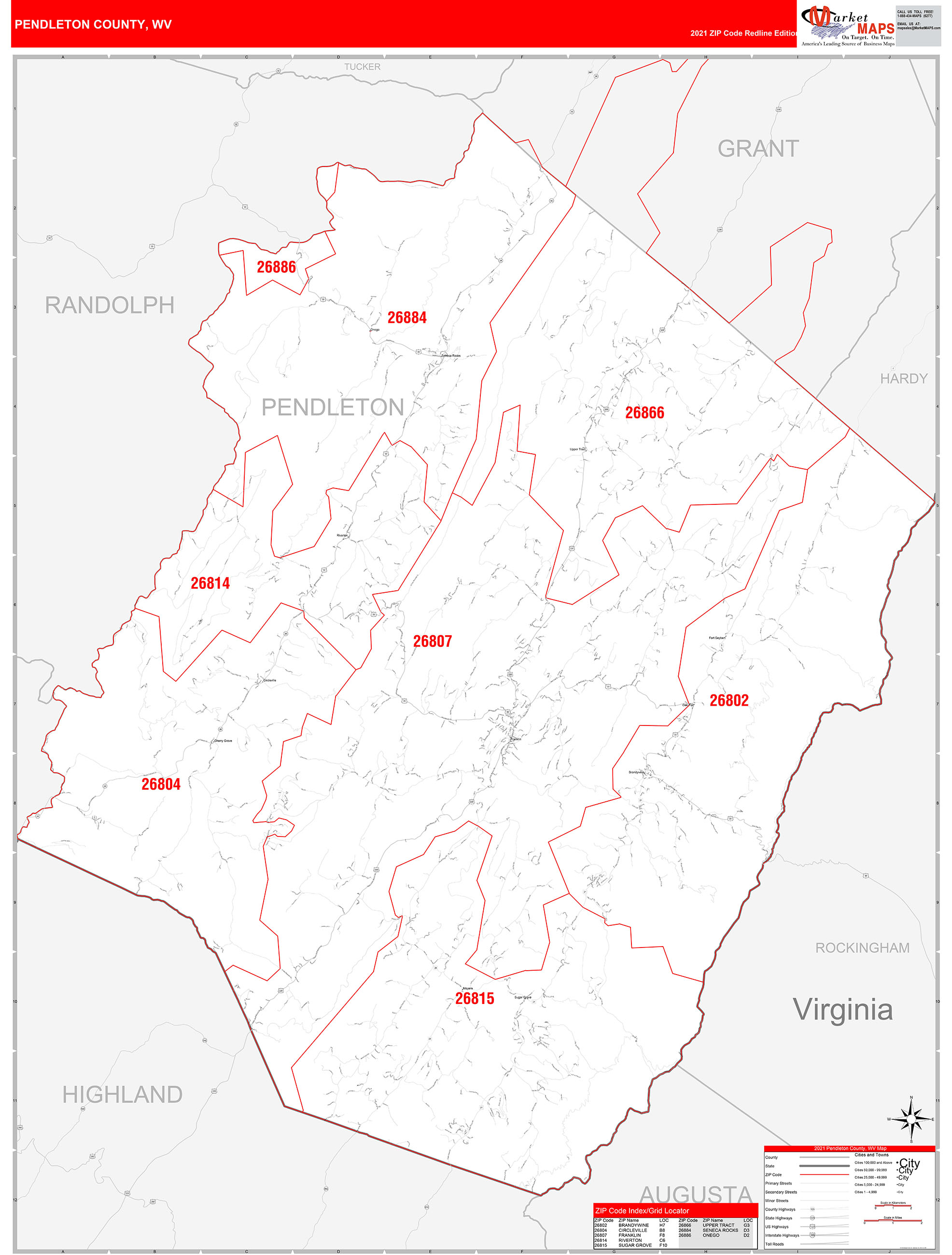 Pendleton County, WV Zip Code Wall Map Red Line Style by MarketMAPS