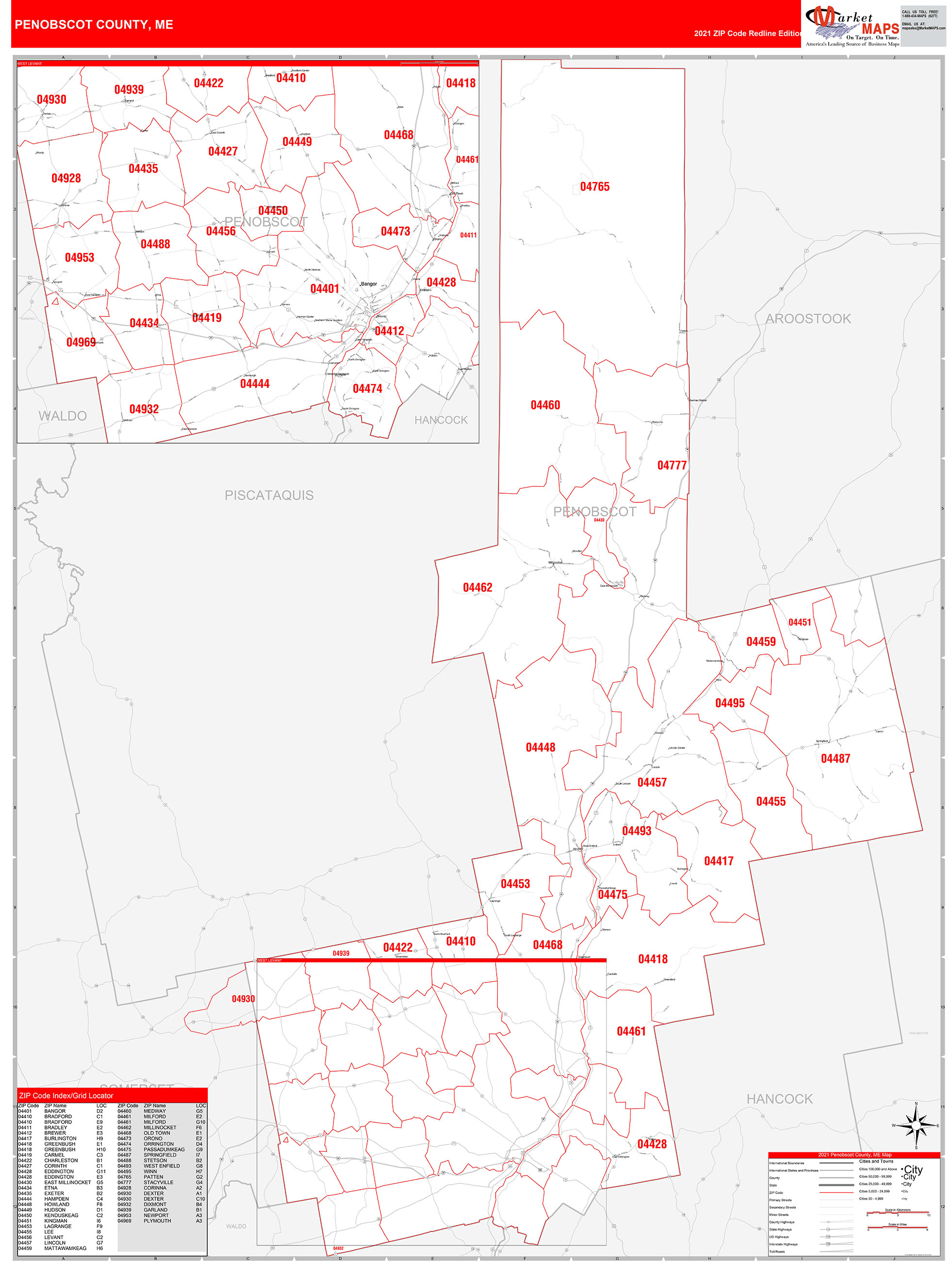 Penobscot County, ME Zip Code Wall Map Red Line Style by MarketMAPS