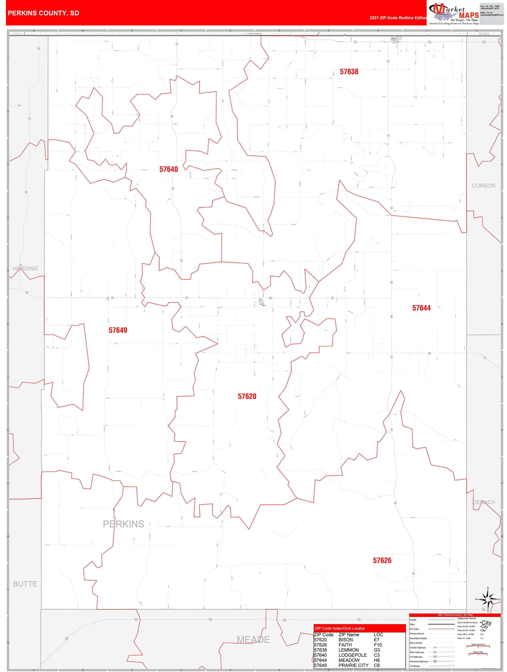 Perkins County, SD Zip Code Wall Map Red Line Style by MarketMAPS
