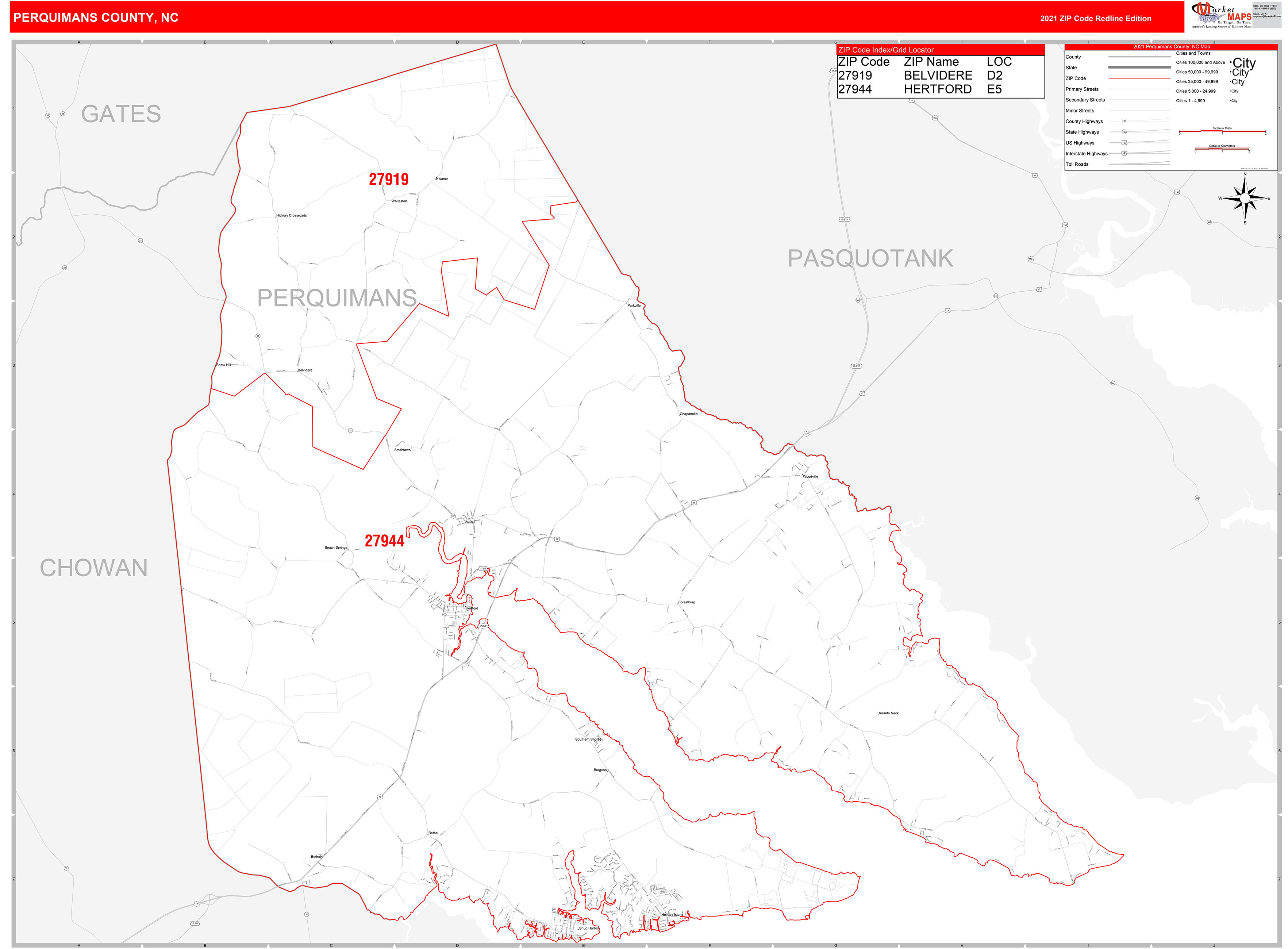 Perquimans County, NC Zip Code Wall Map Red Line Style by MarketMAPS