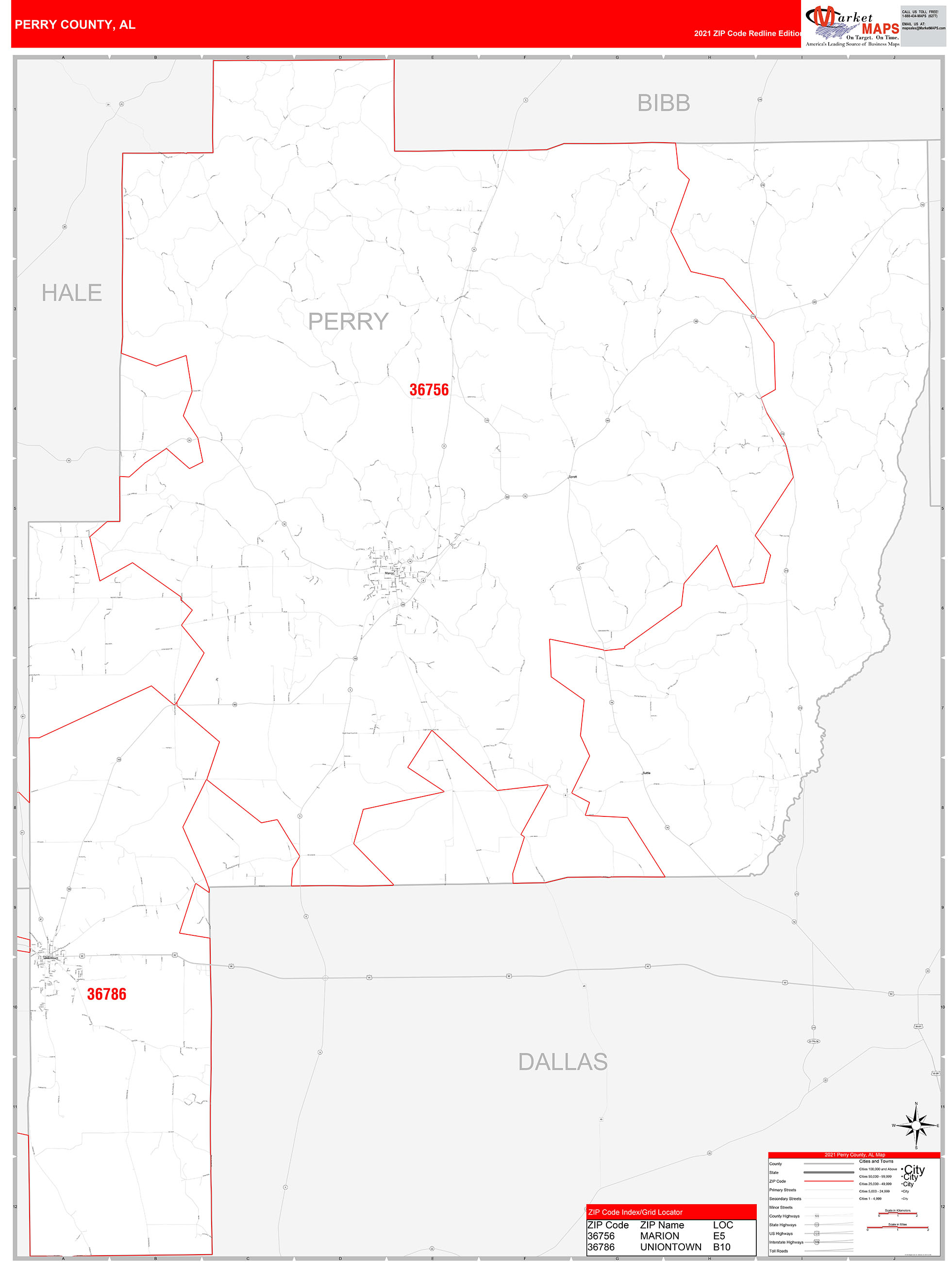 Perry County, AL Zip Code Wall Map Red Line Style by MarketMAPS MapSales