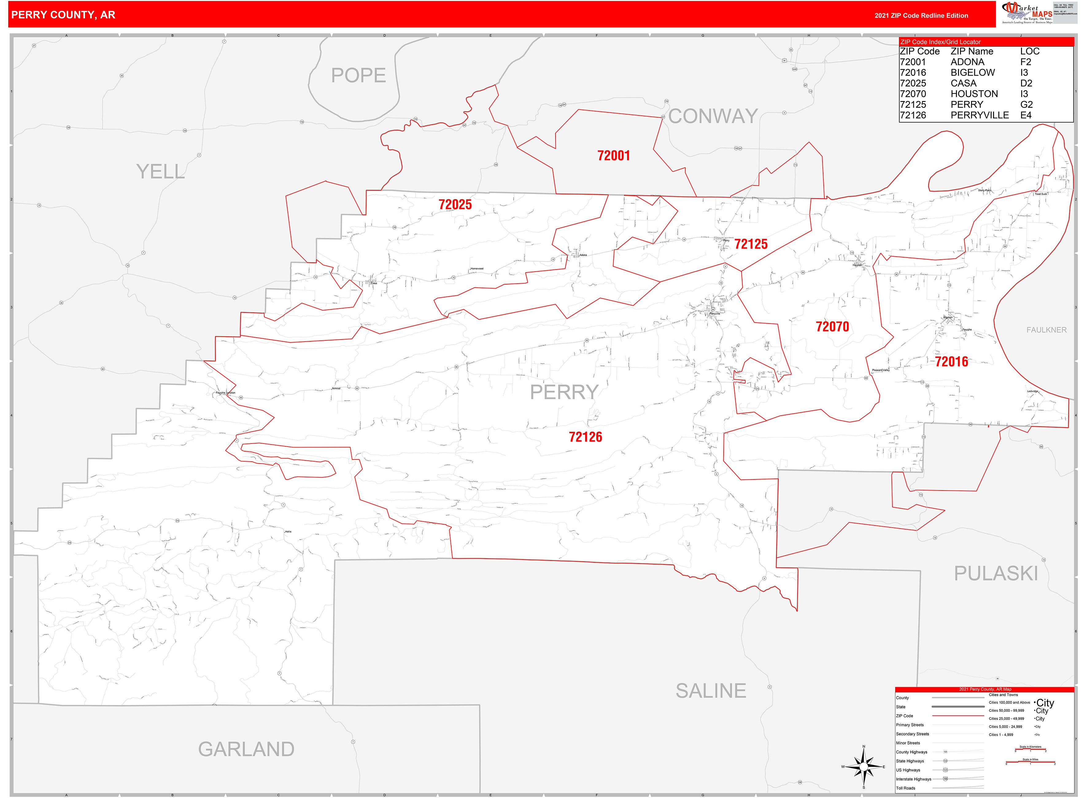 Perry County, AR Zip Code Wall Map Red Line Style by MarketMAPS MapSales