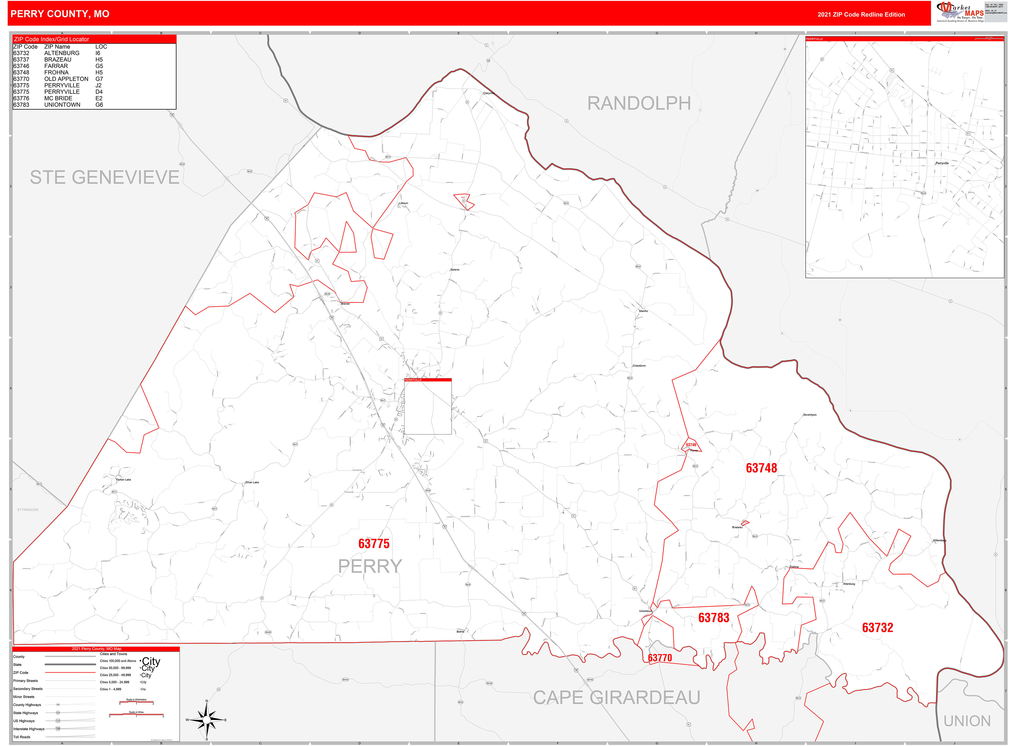 Perry County, MO Zip Code Wall Map Red Line Style by MarketMAPS MapSales