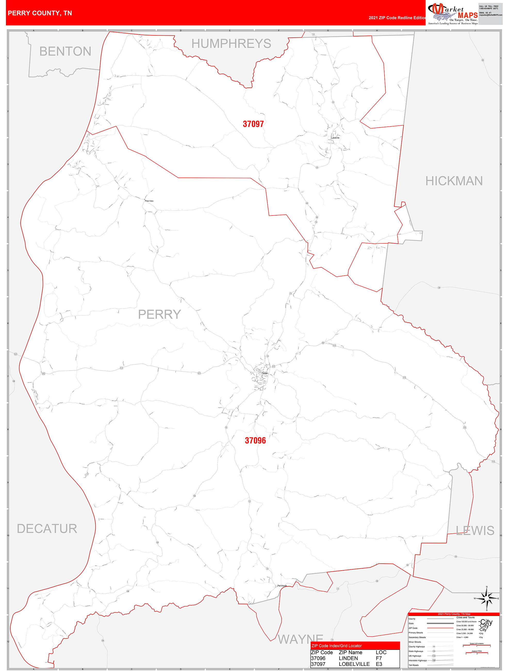 Perry County, TN Zip Code Wall Map Red Line Style by MarketMAPS MapSales