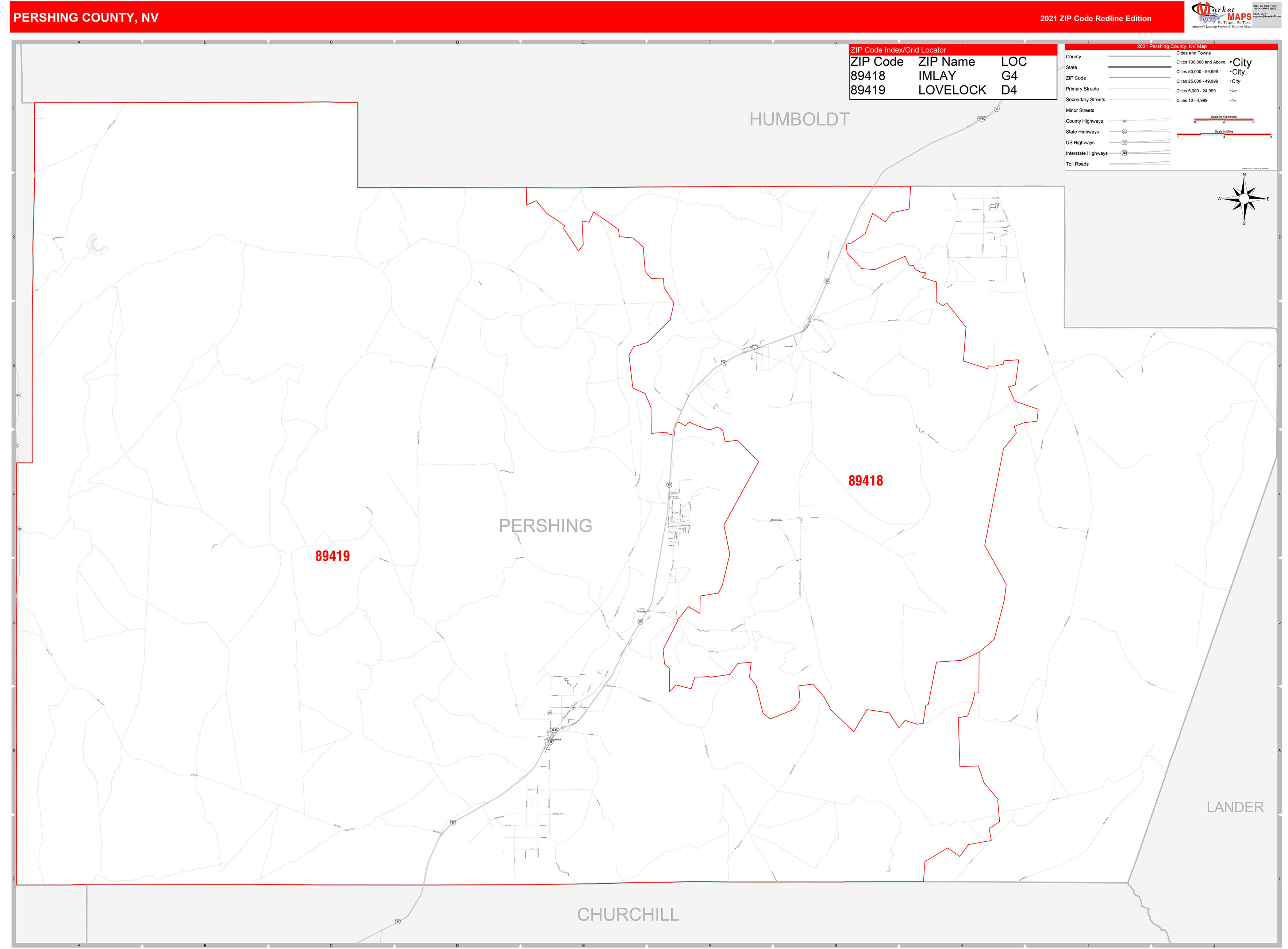 Pershing County, NV Zip Code Wall Map Red Line Style by MarketMAPS