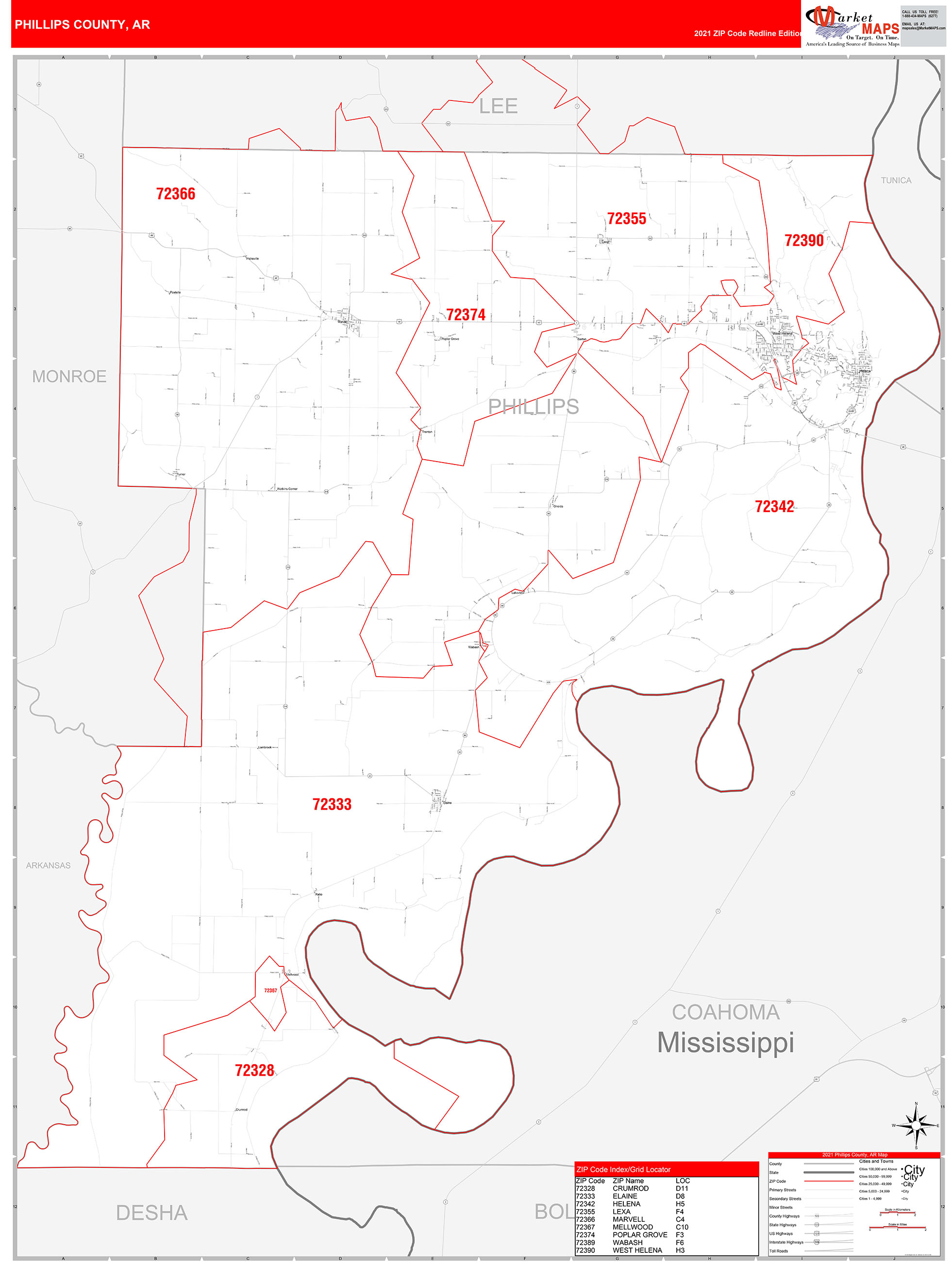 Phillips County, AR Zip Code Wall Map Red Line Style by MarketMAPS