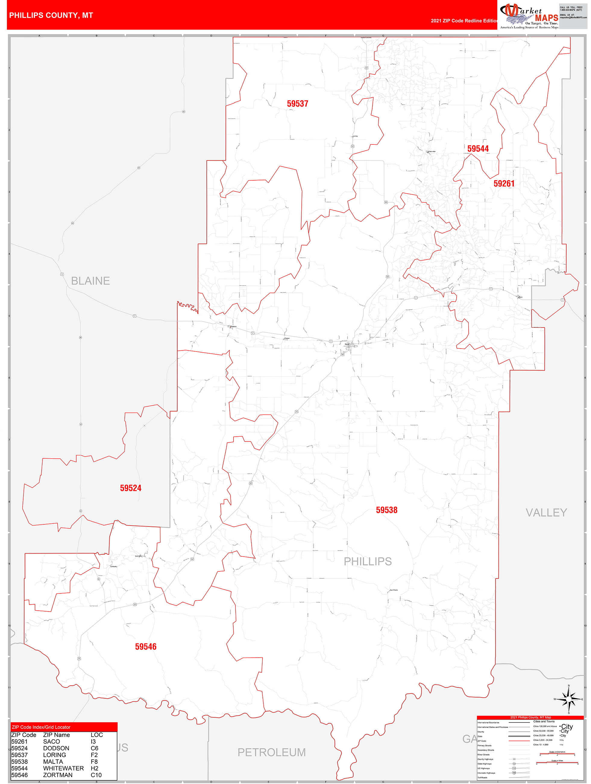 Phillips County, MT Zip Code Wall Map Red Line Style by MarketMAPS