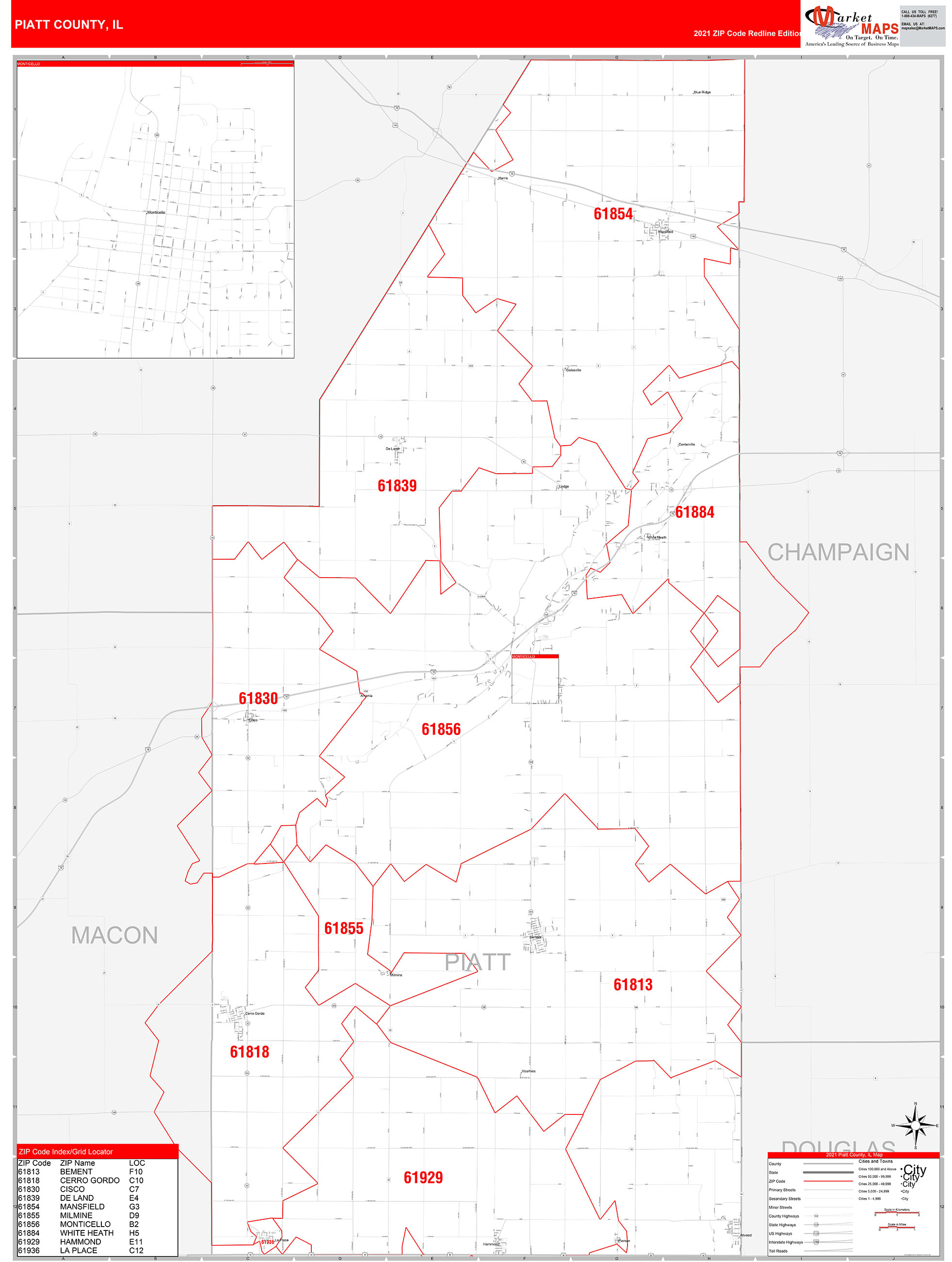 Piatt County, IL Zip Code Wall Map Red Line Style by MarketMAPS