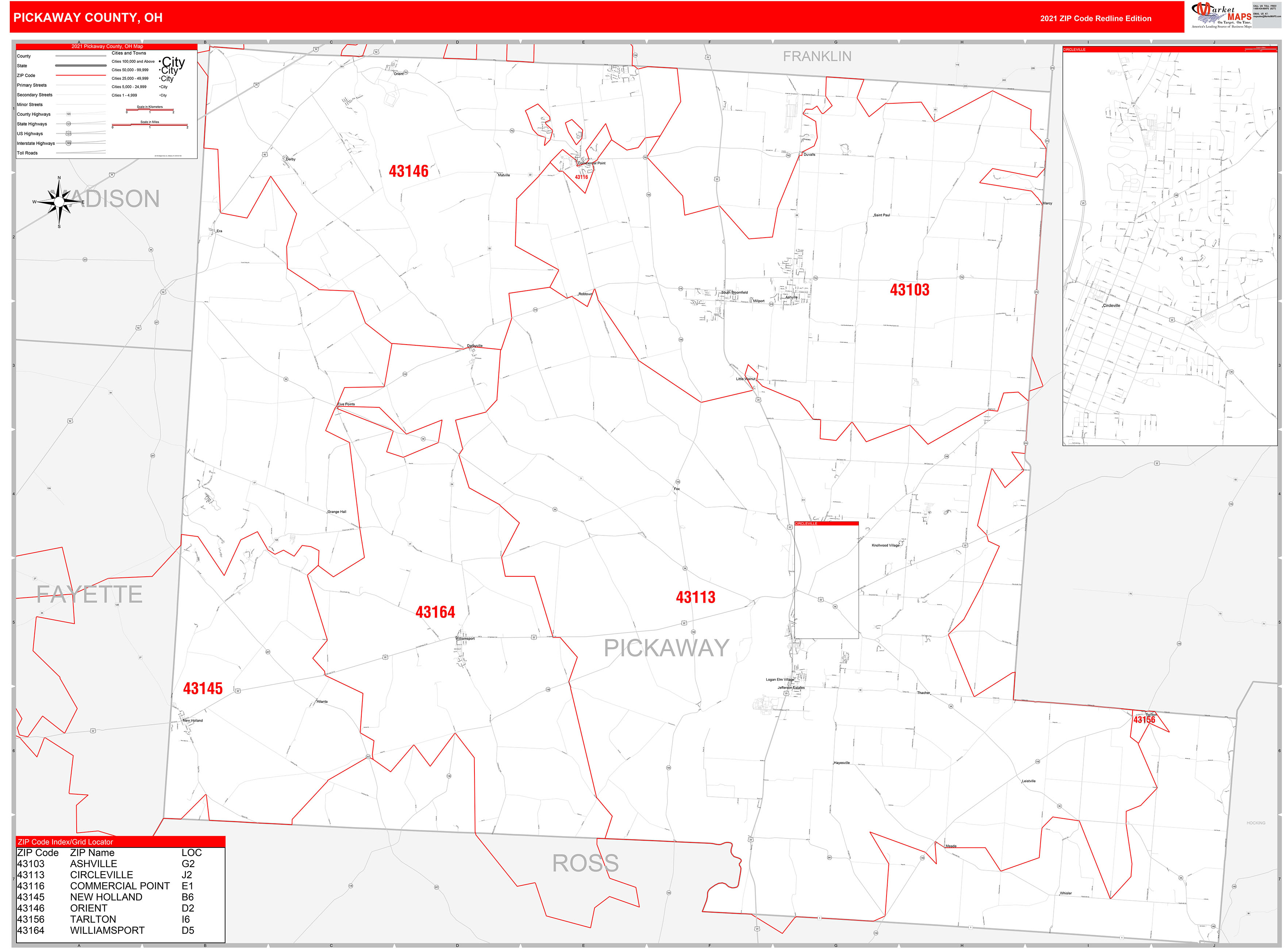 Pickaway County, OH Zip Code Wall Map Red Line Style by MarketMAPS