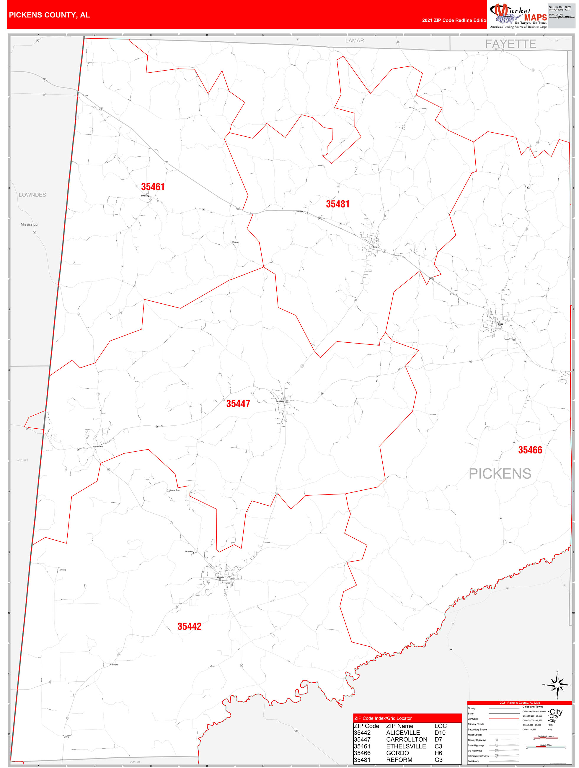 Pickens County, AL Zip Code Wall Map Red Line Style by MarketMAPS