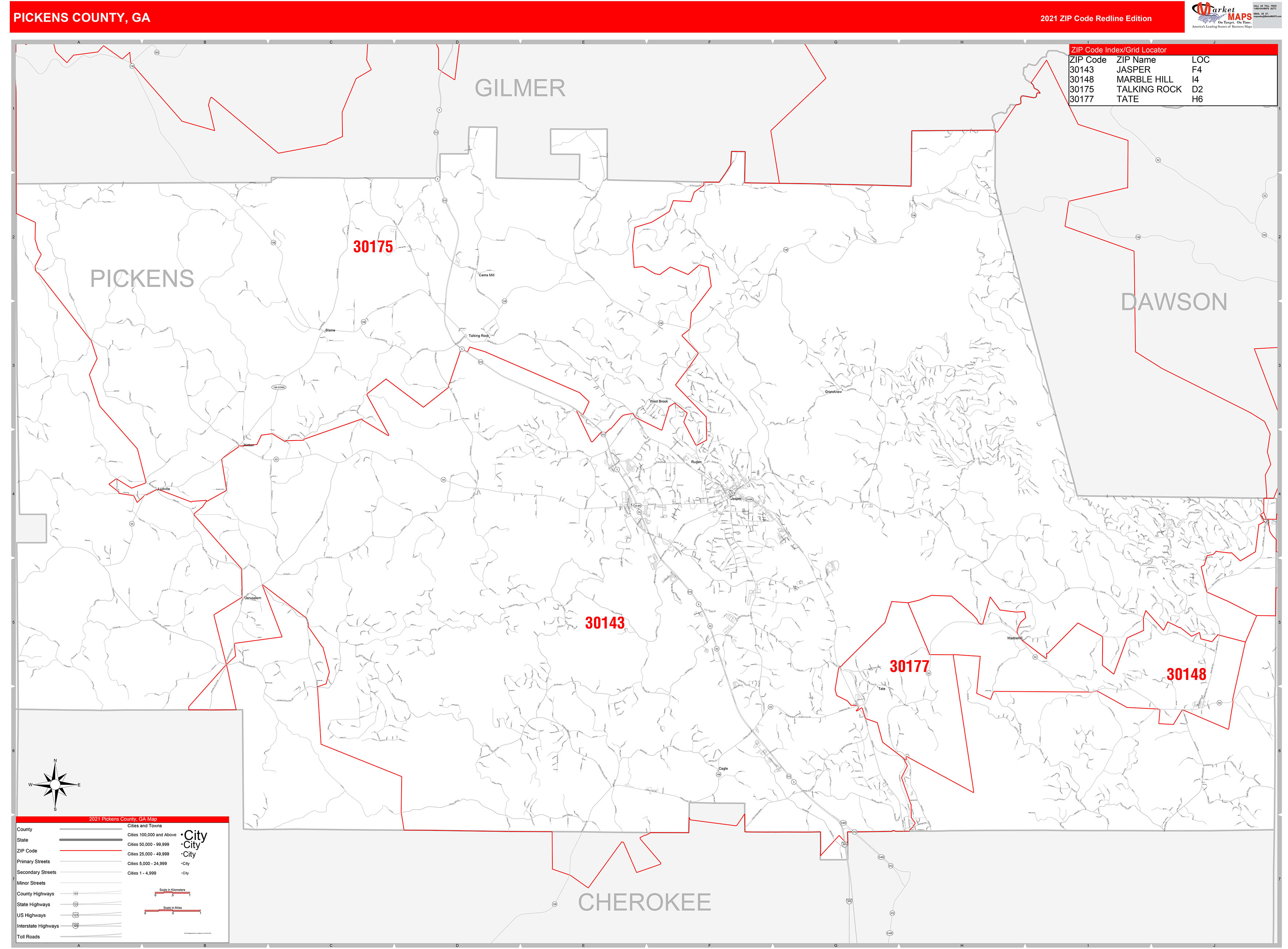 Pickens County, GA Zip Code Wall Map Red Line Style by MarketMAPS