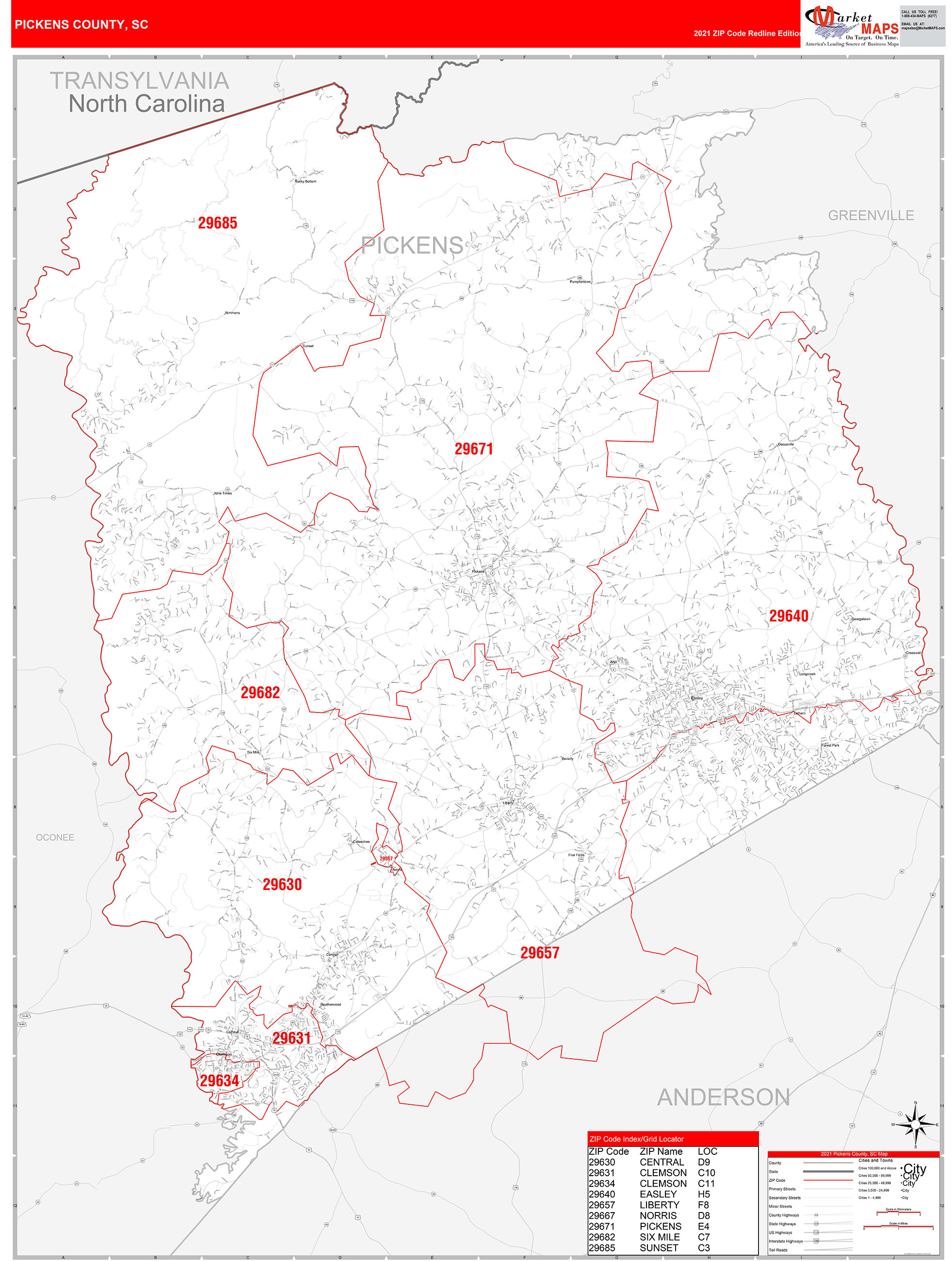 Pickens County, SC Zip Code Wall Map Red Line Style by MarketMAPS MapSales