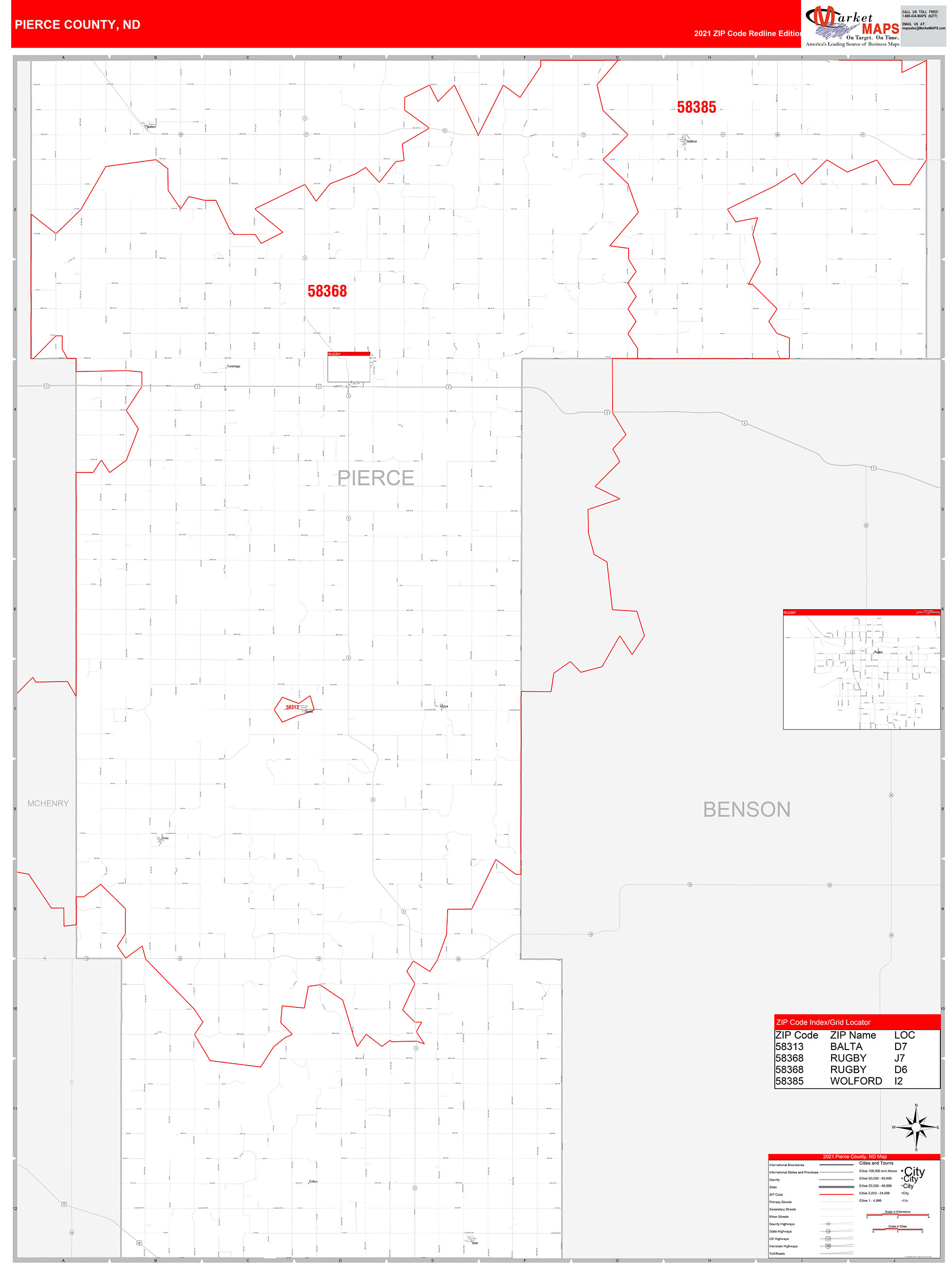 Pierce County, ND Zip Code Wall Map Red Line Style by MarketMAPS