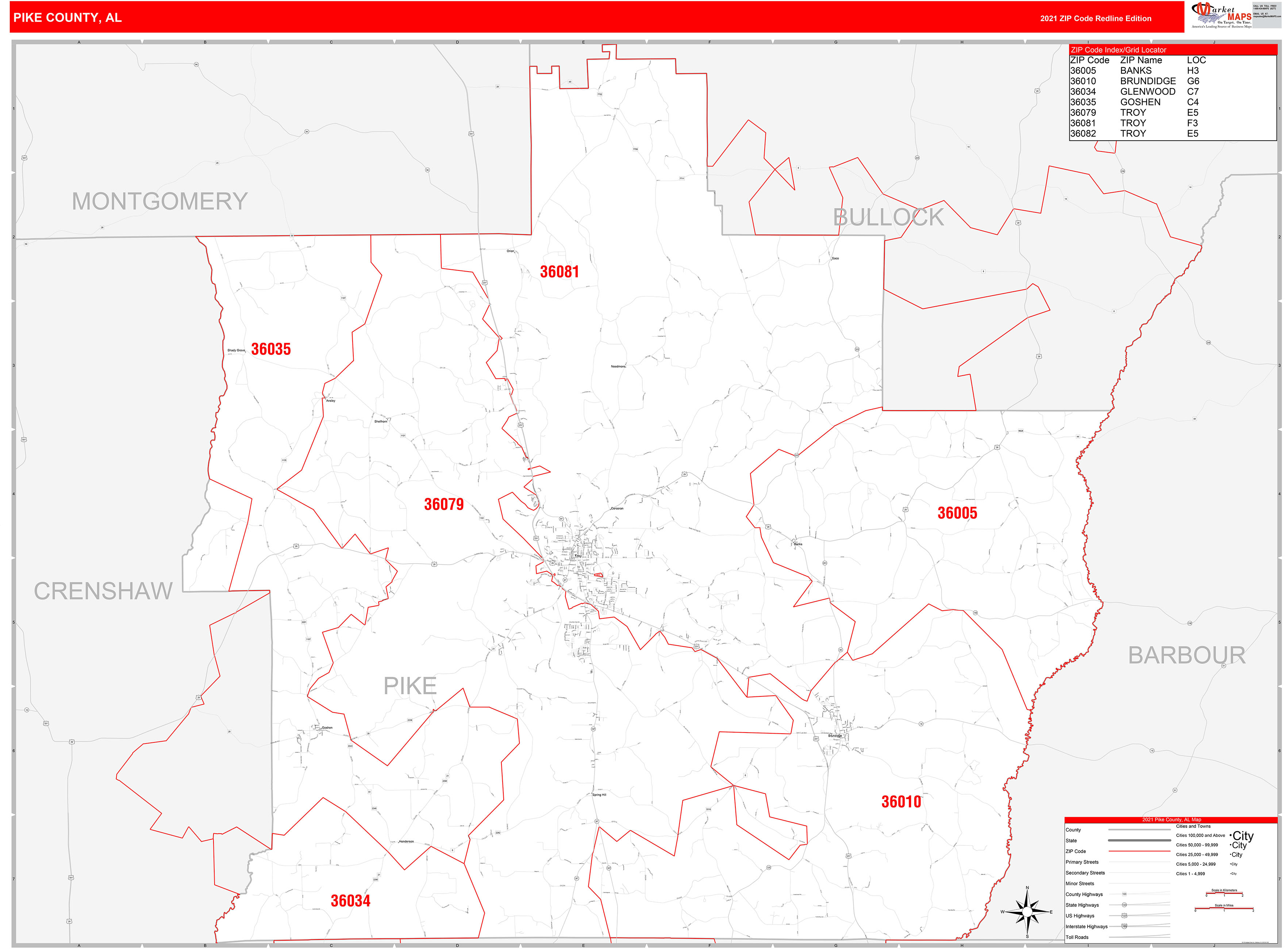 Pike County, AL Zip Code Wall Map Red Line Style by MarketMAPS MapSales
