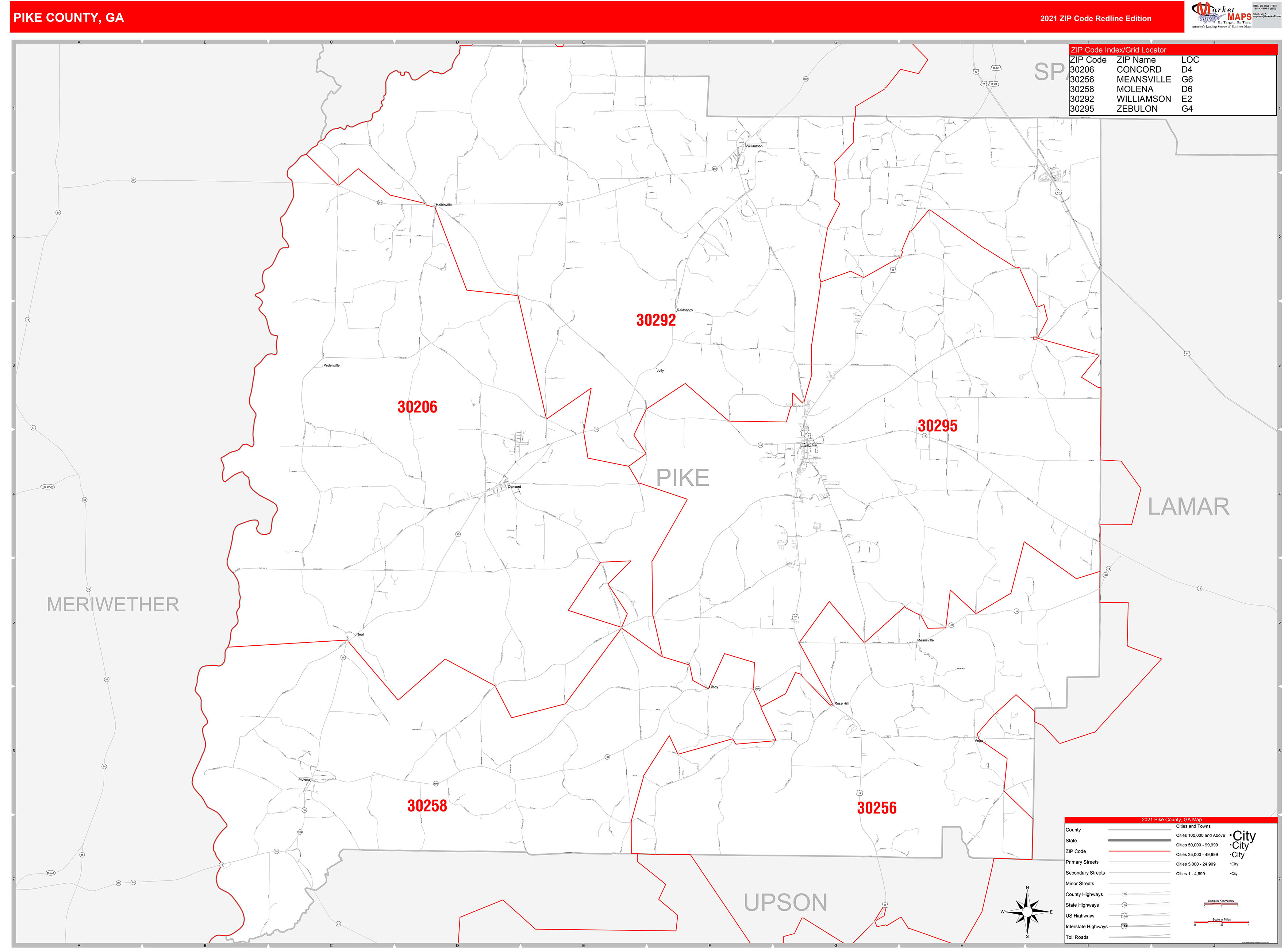 Pike County, GA Zip Code Wall Map Red Line Style by MarketMAPS