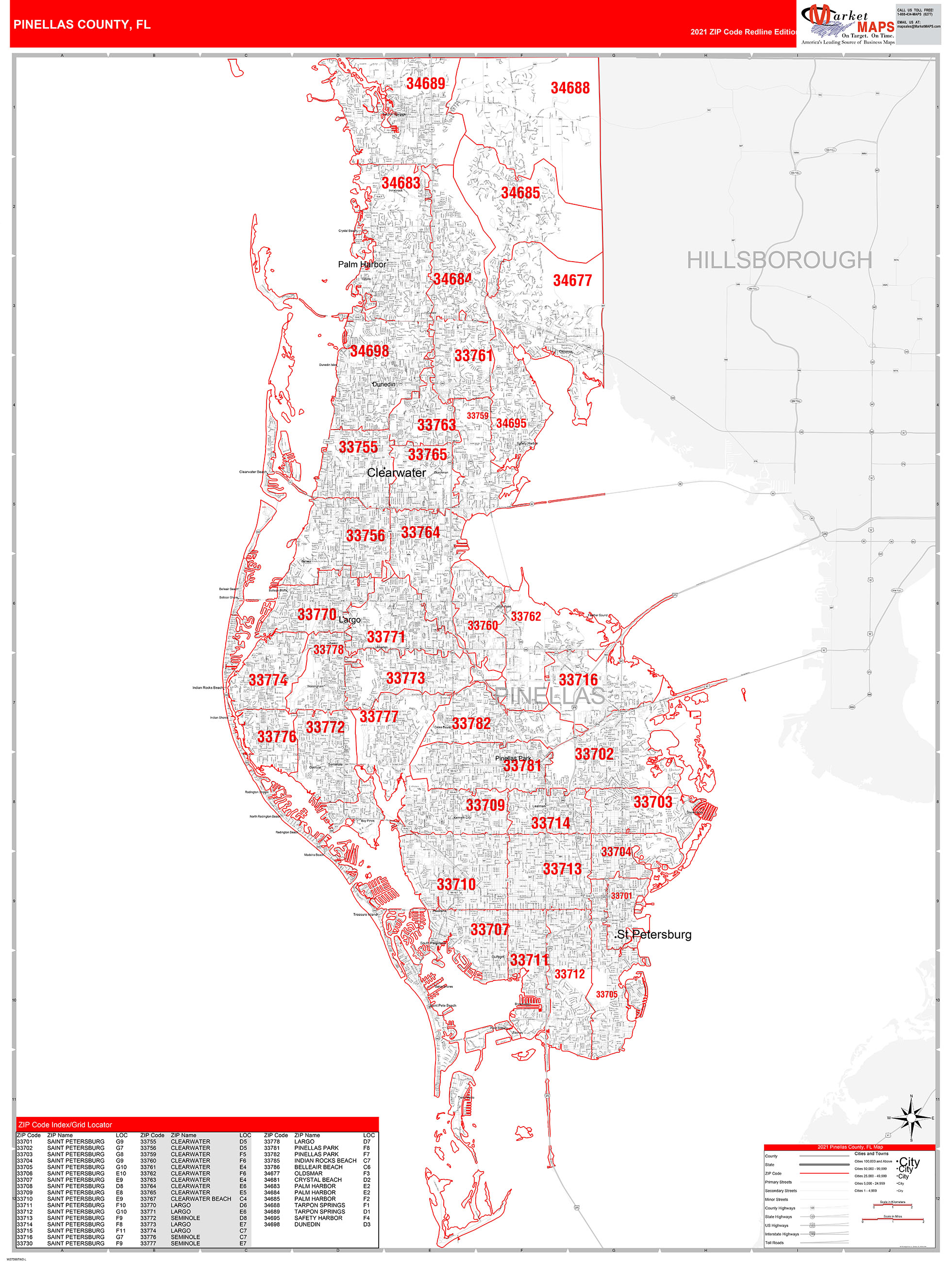 Pinellas County, FL Zip Code Wall Map Red Line Style by MarketMAPS