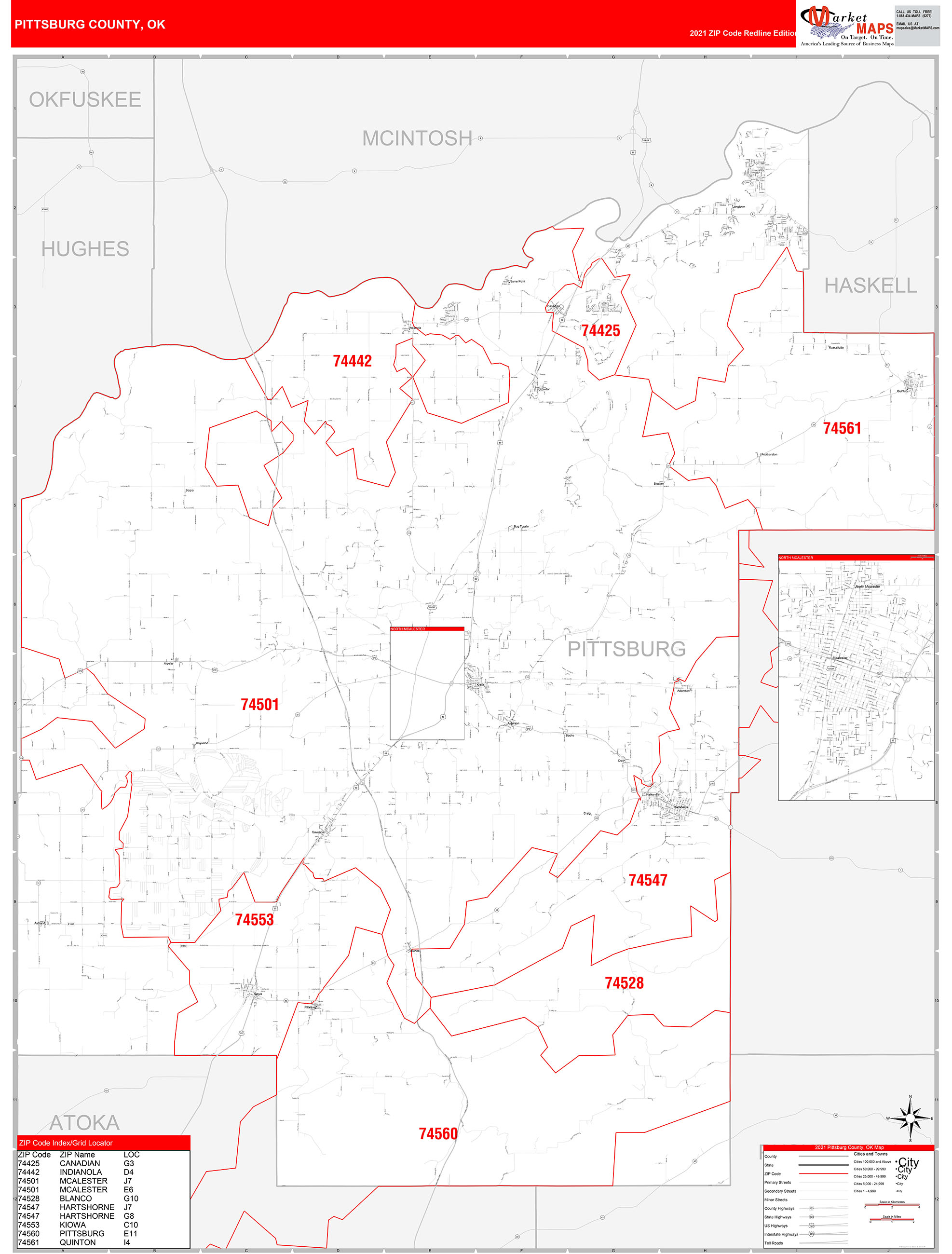 Pittsburg County, OK Zip Code Wall Map Red Line Style by MarketMAPS