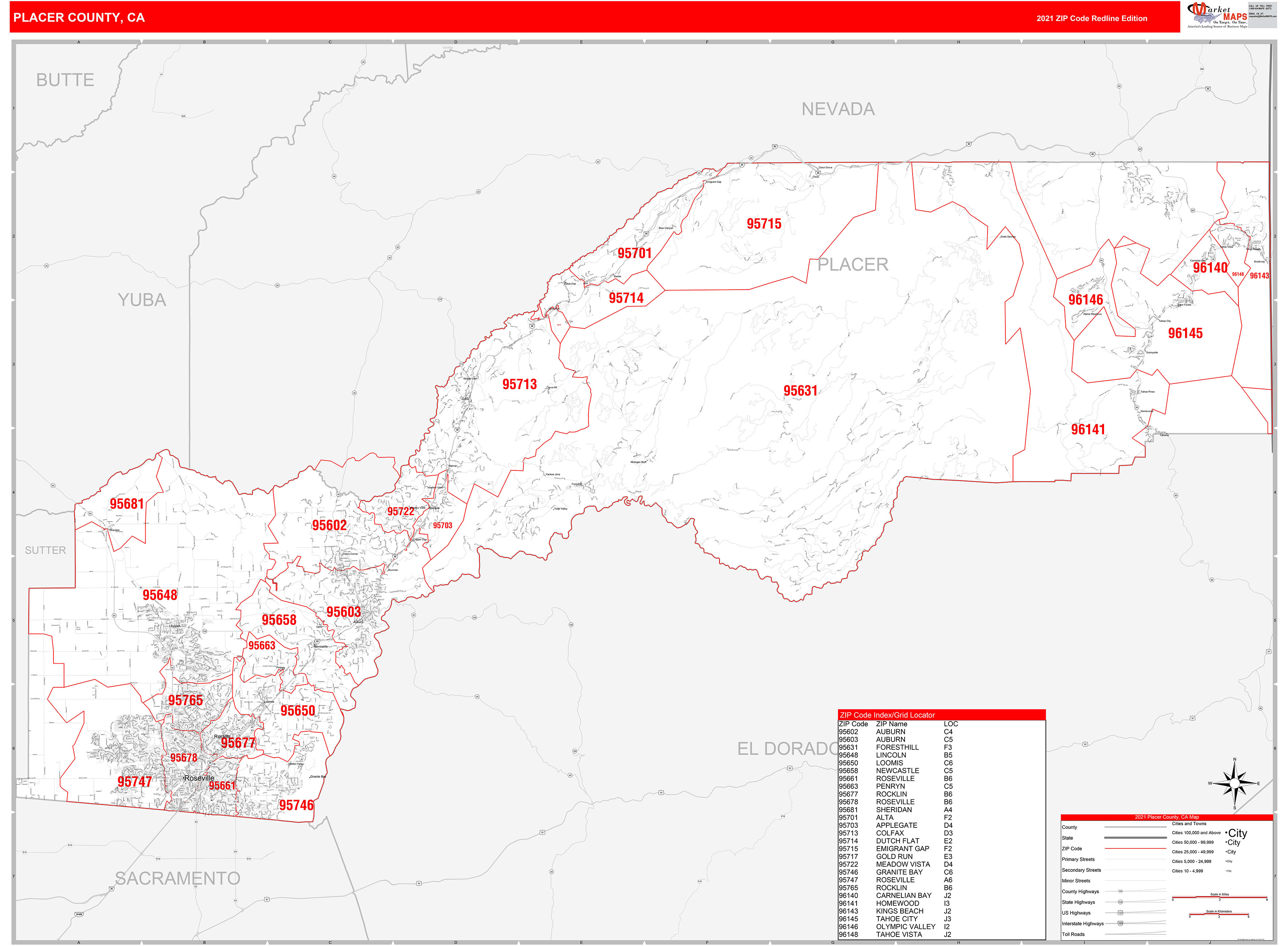 Placer County, CA Zip Code Wall Map Red Line Style by MarketMAPS MapSales
