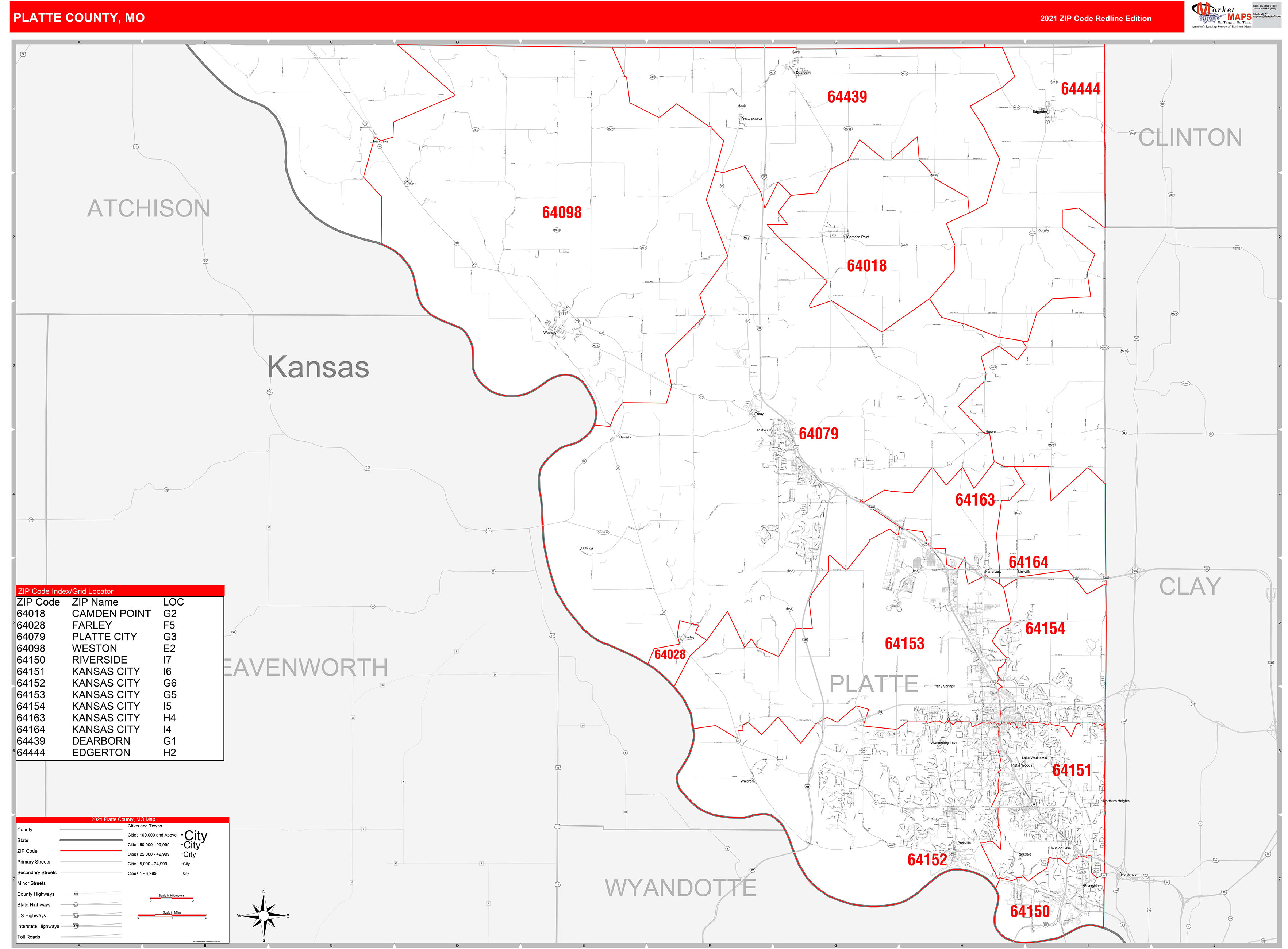 Platte County, MO Zip Code Wall Map Red Line Style by MarketMAPS MapSales