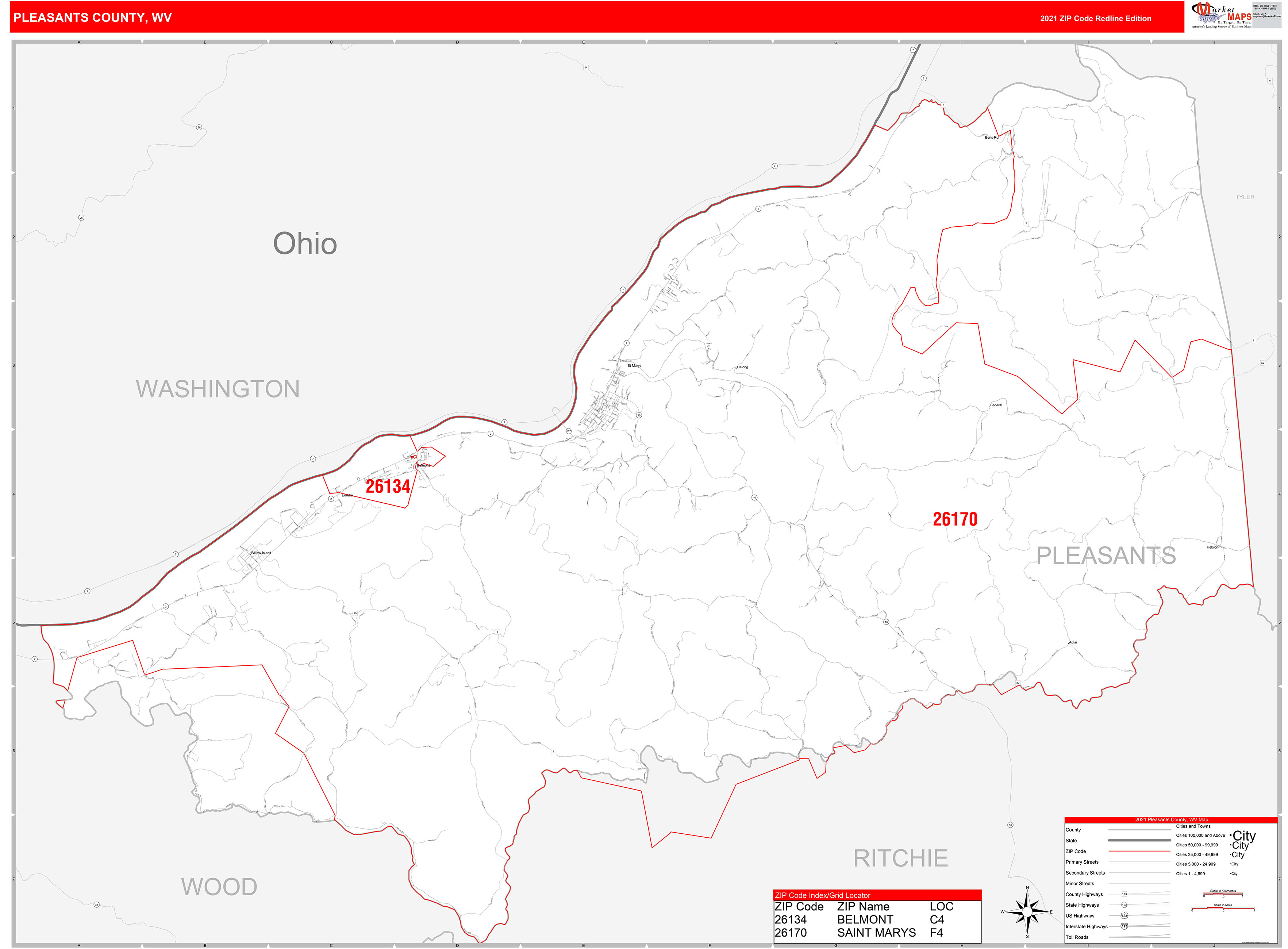 Pleasants County, WV Zip Code Wall Map Red Line Style by MarketMAPS