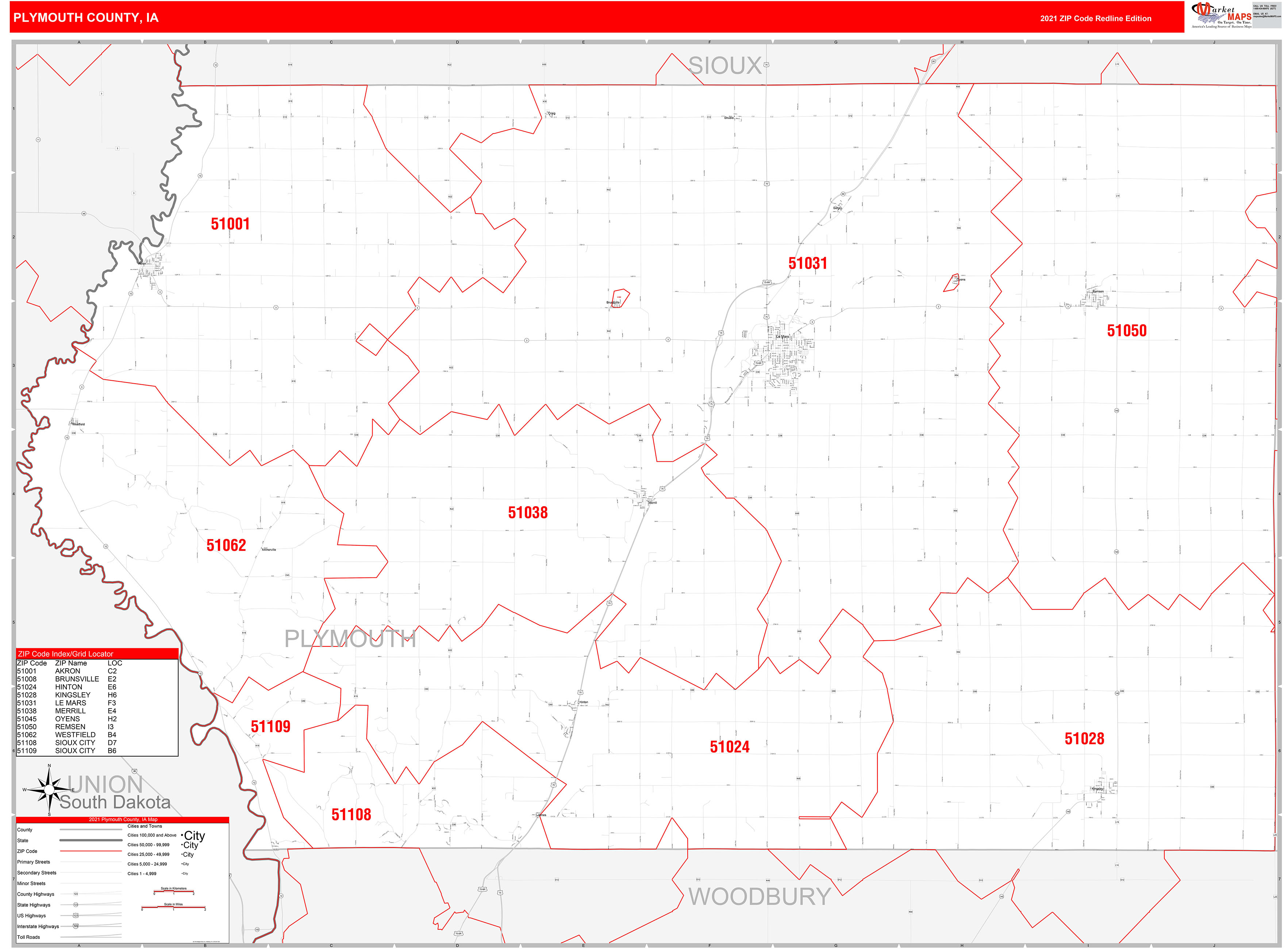 Plymouth County, IA Zip Code Wall Map Red Line Style by MarketMAPS