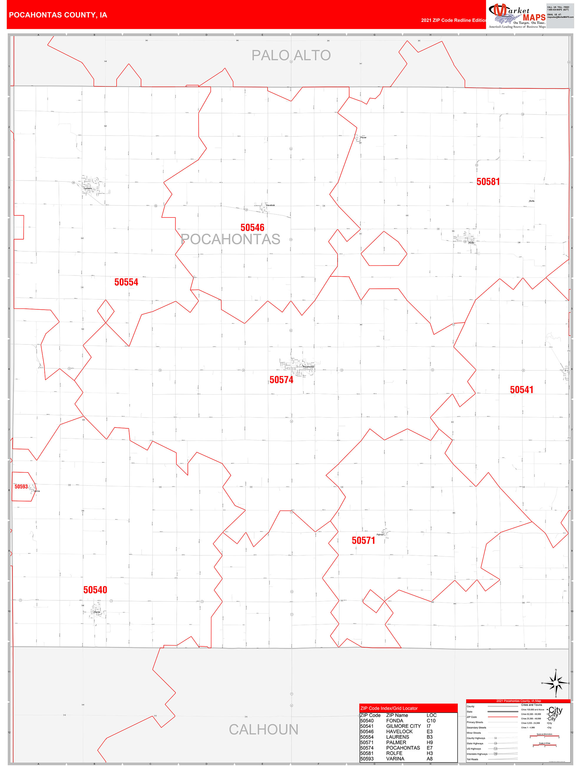 Pocahontas County, IA Zip Code Wall Map Red Line Style by MarketMAPS