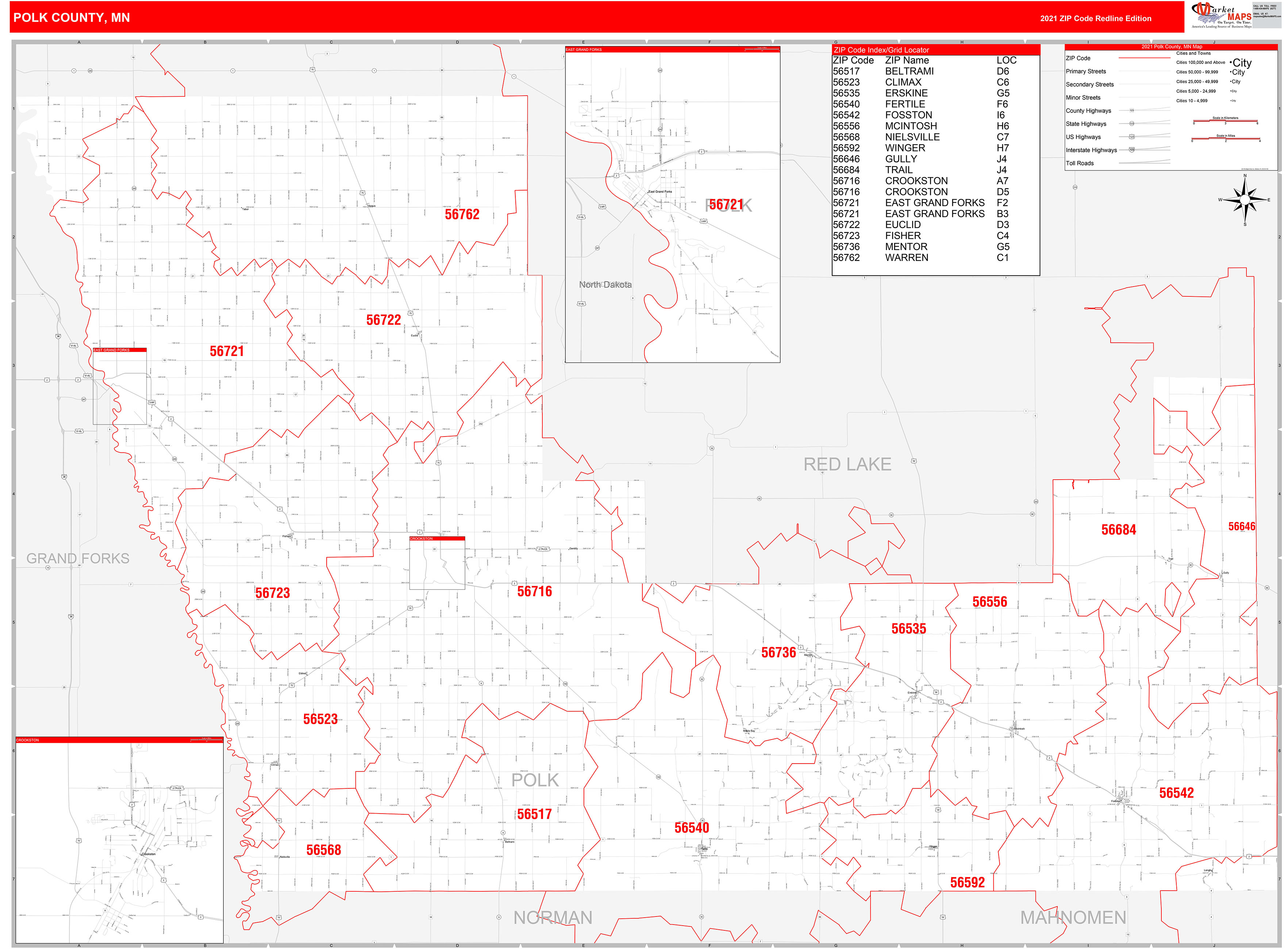 Polk County, MN Zip Code Wall Map Red Line Style by MarketMAPS MapSales