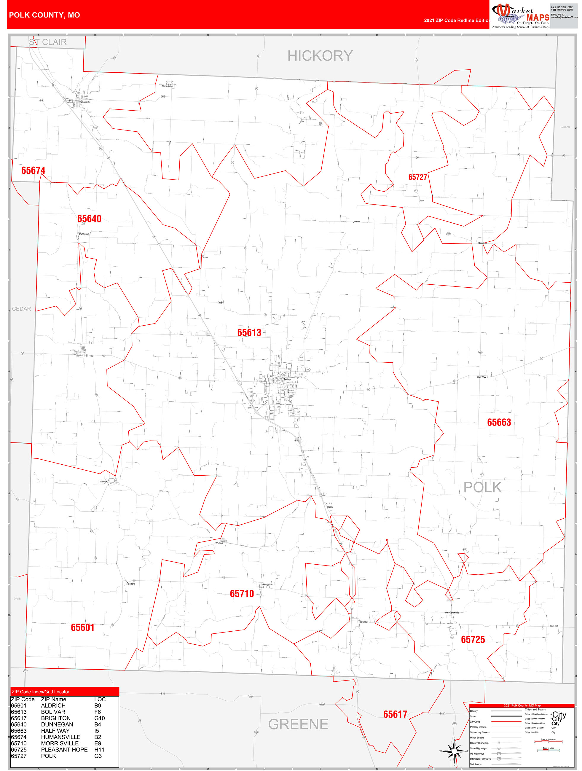 Polk County, MO Zip Code Wall Map Red Line Style by MarketMAPS
