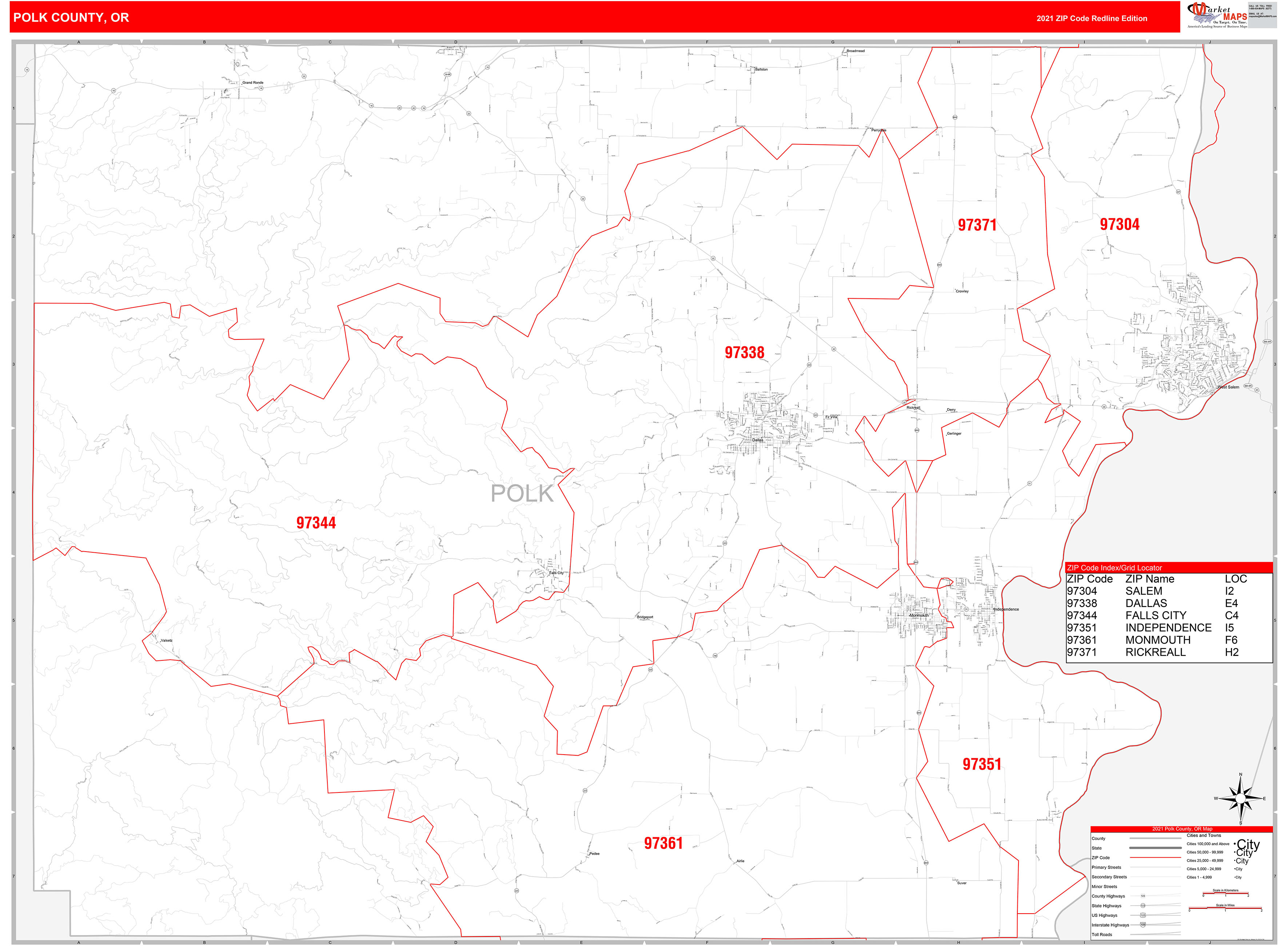 Polk County, OR Zip Code Wall Map Red Line Style by MarketMAPS