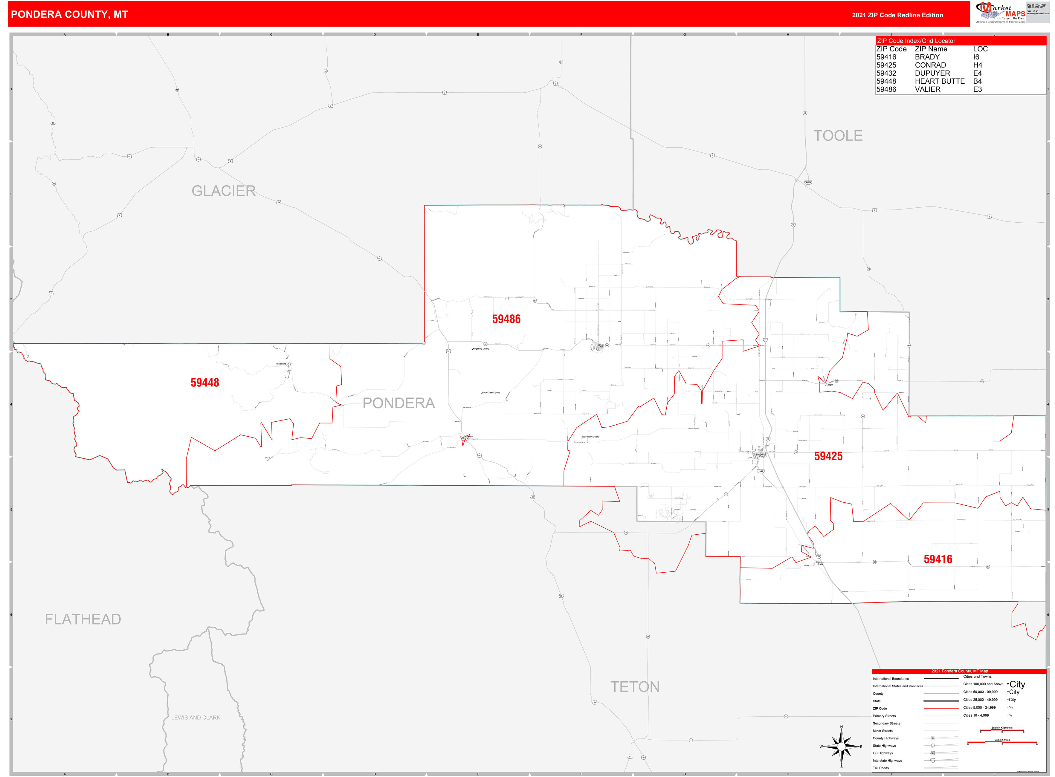 Pondera County, MT Zip Code Wall Map Red Line Style by MarketMAPS