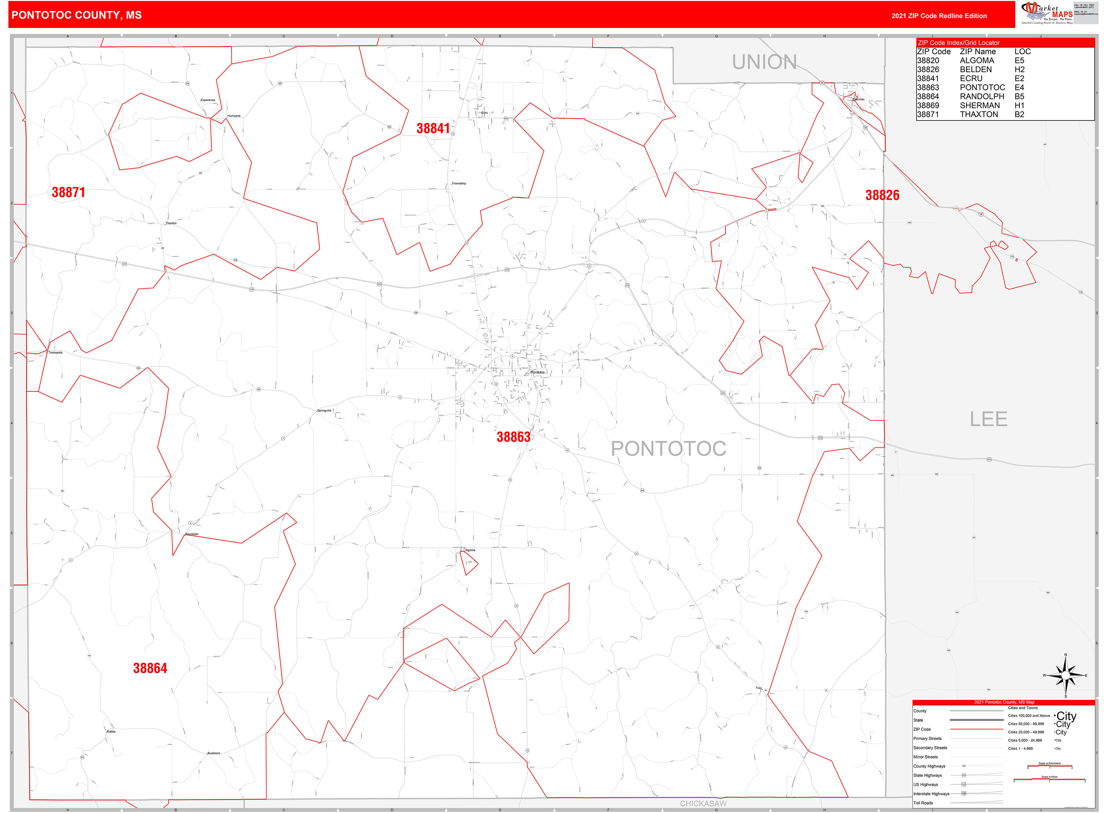 Pontotoc County, MS Zip Code Wall Map Red Line Style by MarketMAPS