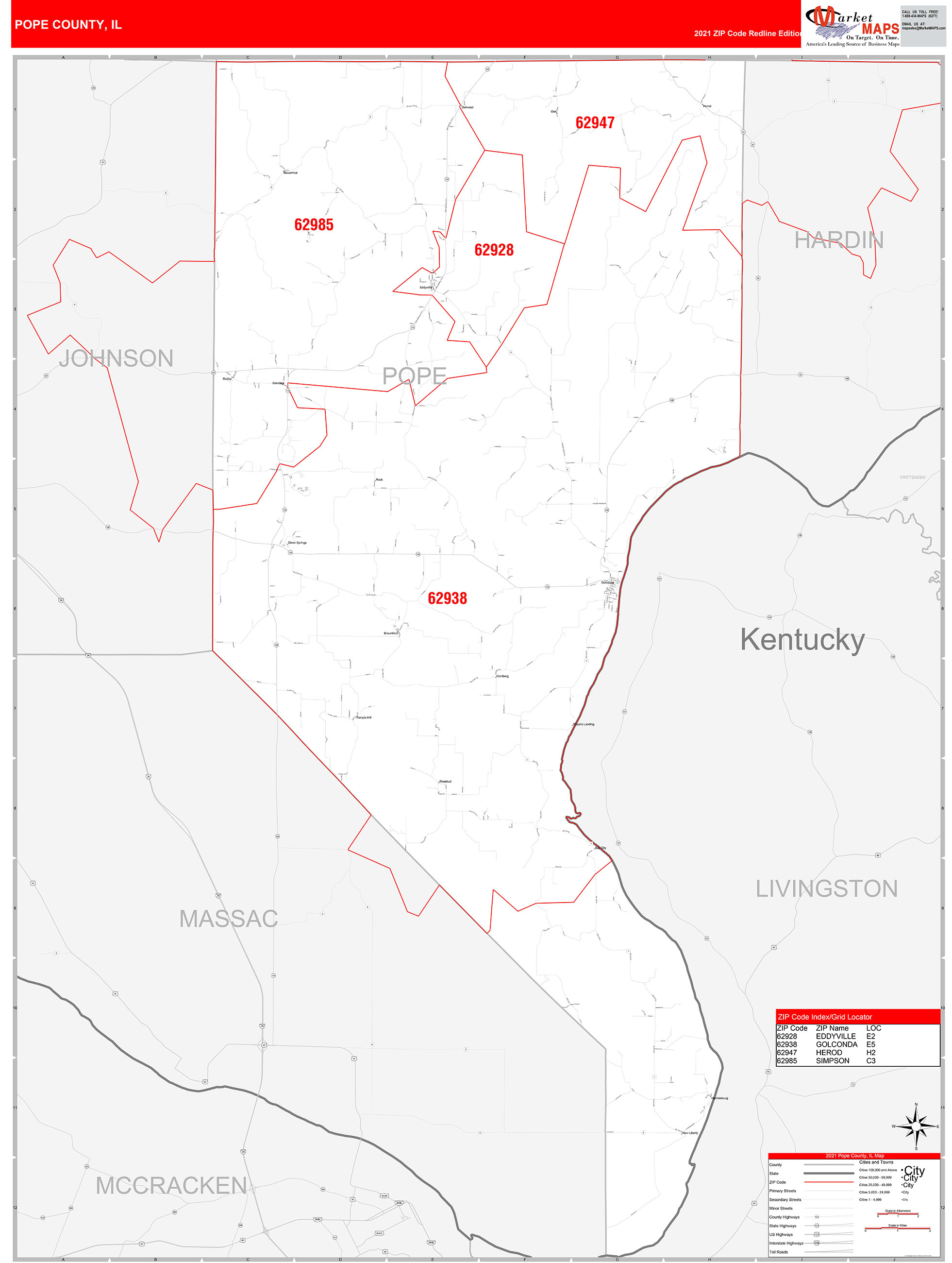 Pope County, IL Zip Code Wall Map Red Line Style by MarketMAPS