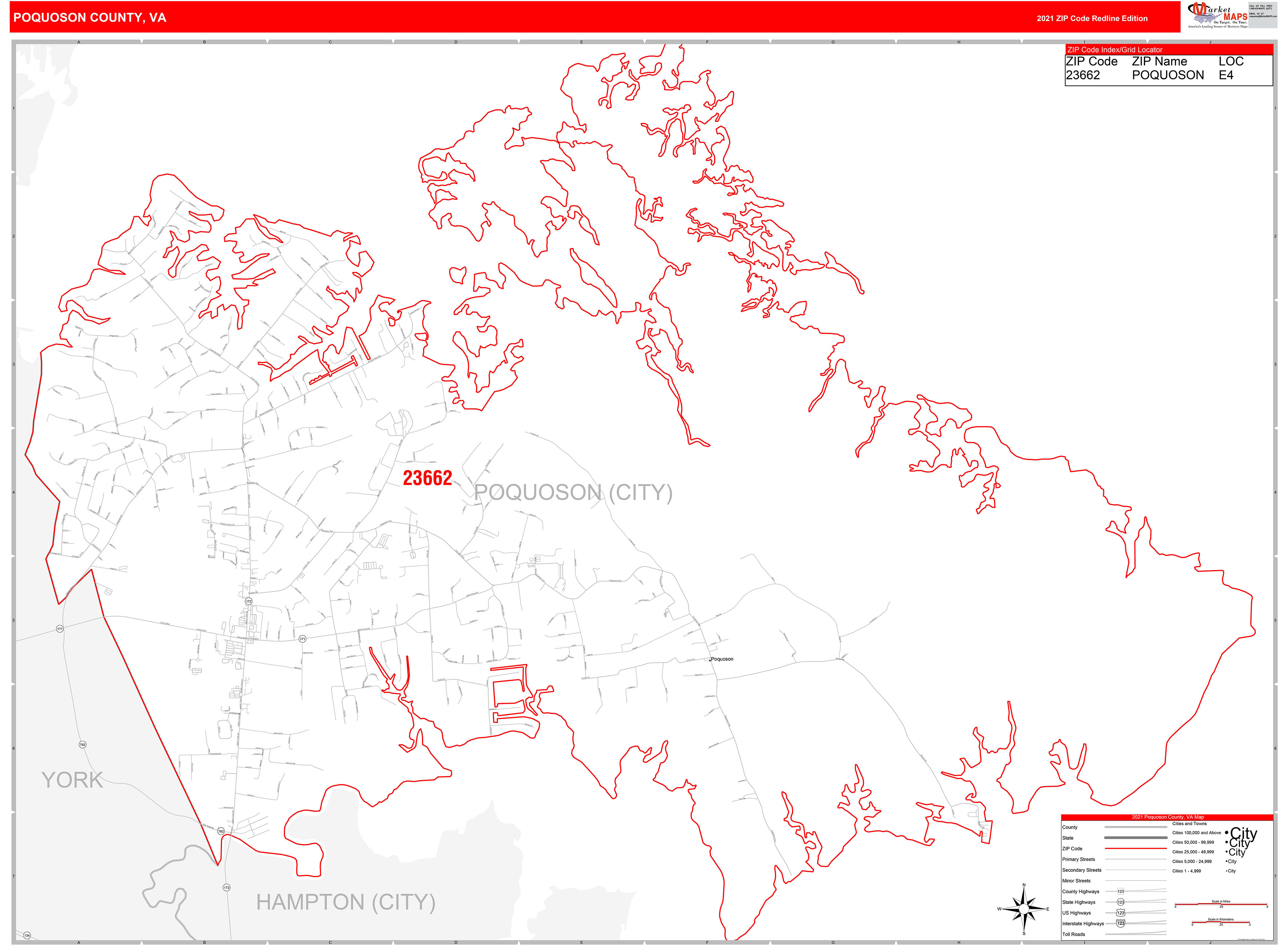 Poquoson County, VA Zip Code Wall Map Red Line Style by MarketMAPS